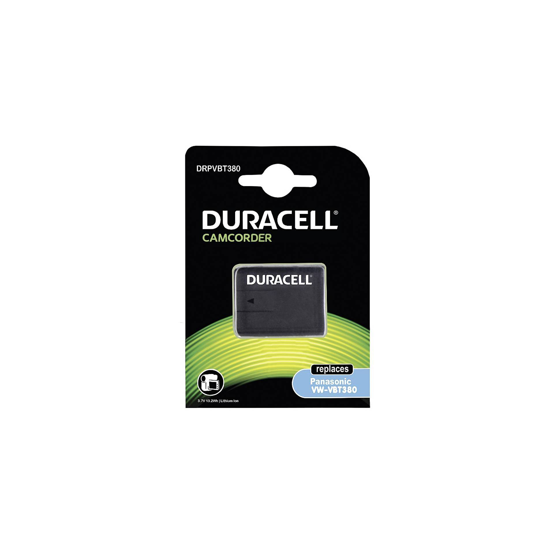 Duracell Camcorder-Batterie-Paket mit der Aufschrift „ersetzt Panasonic VW-VBT380" auf schwarzer und grüner Einzelhandelsverpackung.