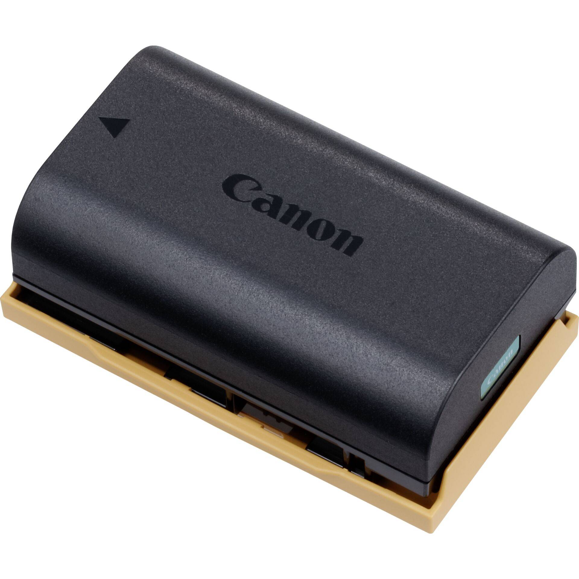 Canon-Kameraakku auf einer goldfarbenen Basis, in Nahaufnahme vor weißem Hintergrund dargestellt.