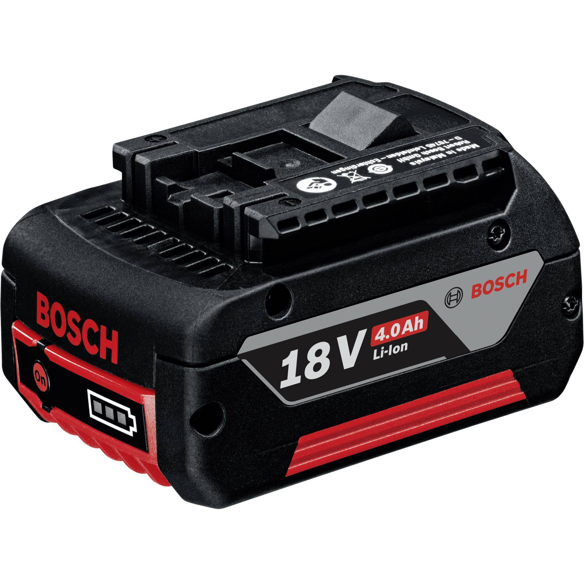 Bosch 18V 4,0Ah Li-Ionen wiederaufladbare Batterie mit rotem und schwarzem Gehäuse, dargestellt auf weißem Hintergrund.