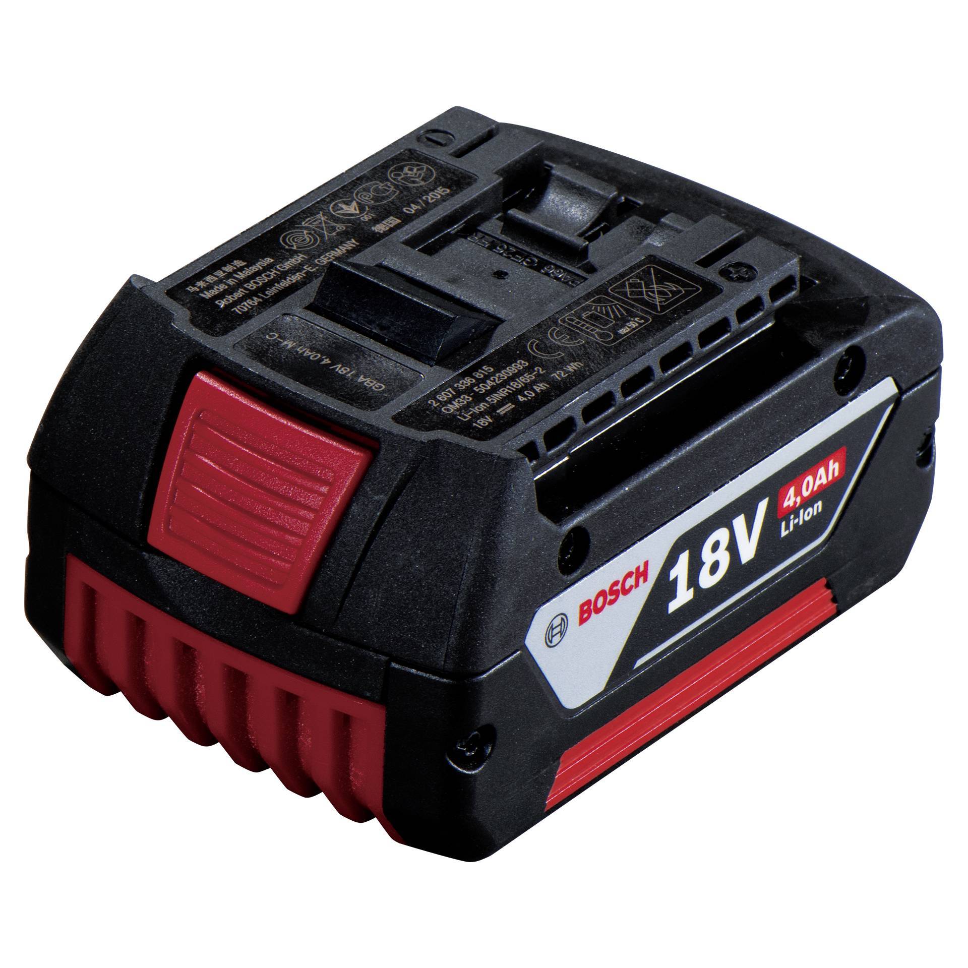 Schwarzes Bosch 18V 4,0Ah Lithium-Ionen-Elektrowerkzeug-Akkupaket mit roten Freigabelaschen