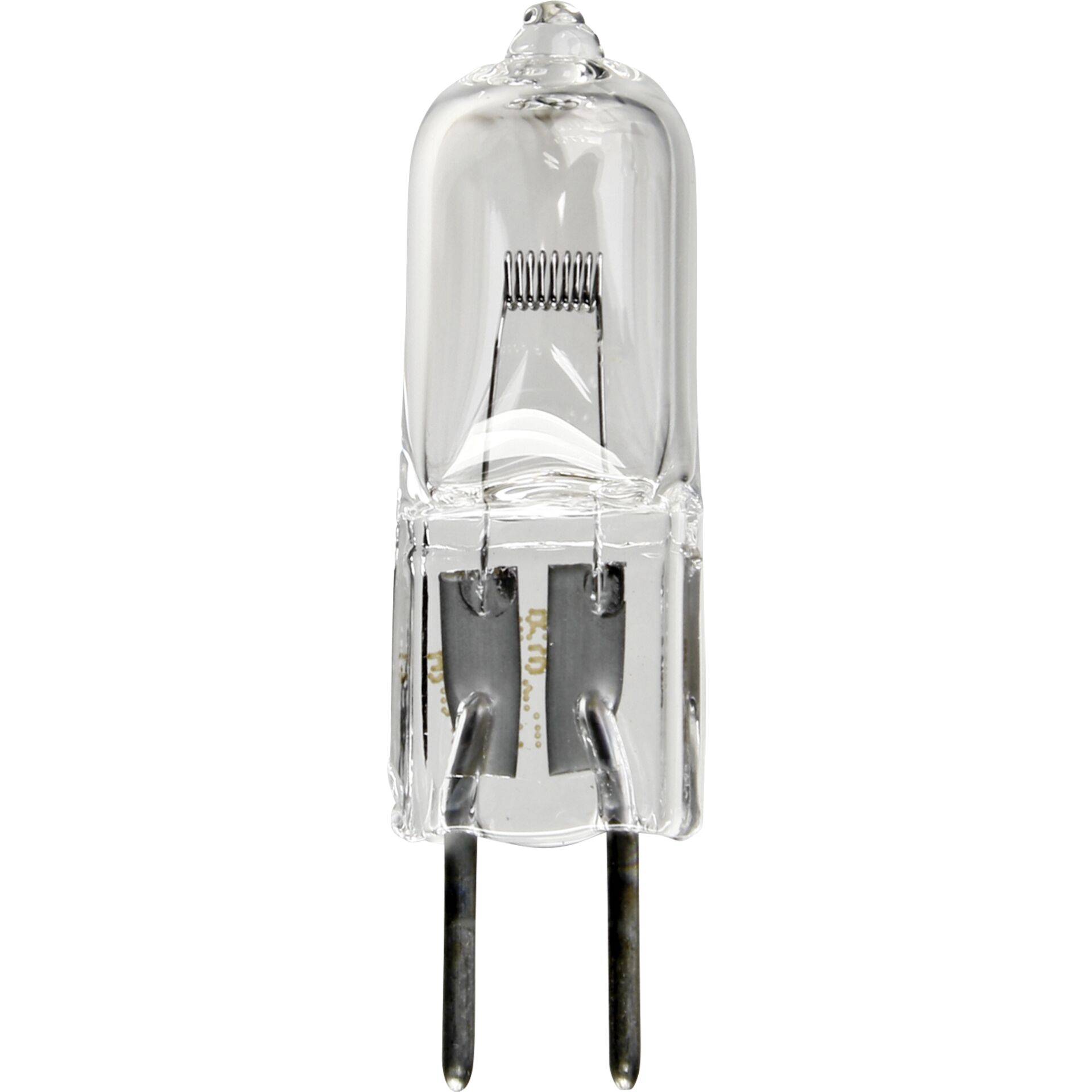 Klare Halogen-Kapselleuchte mit zwei Metallstiften auf weißem Hintergrund.