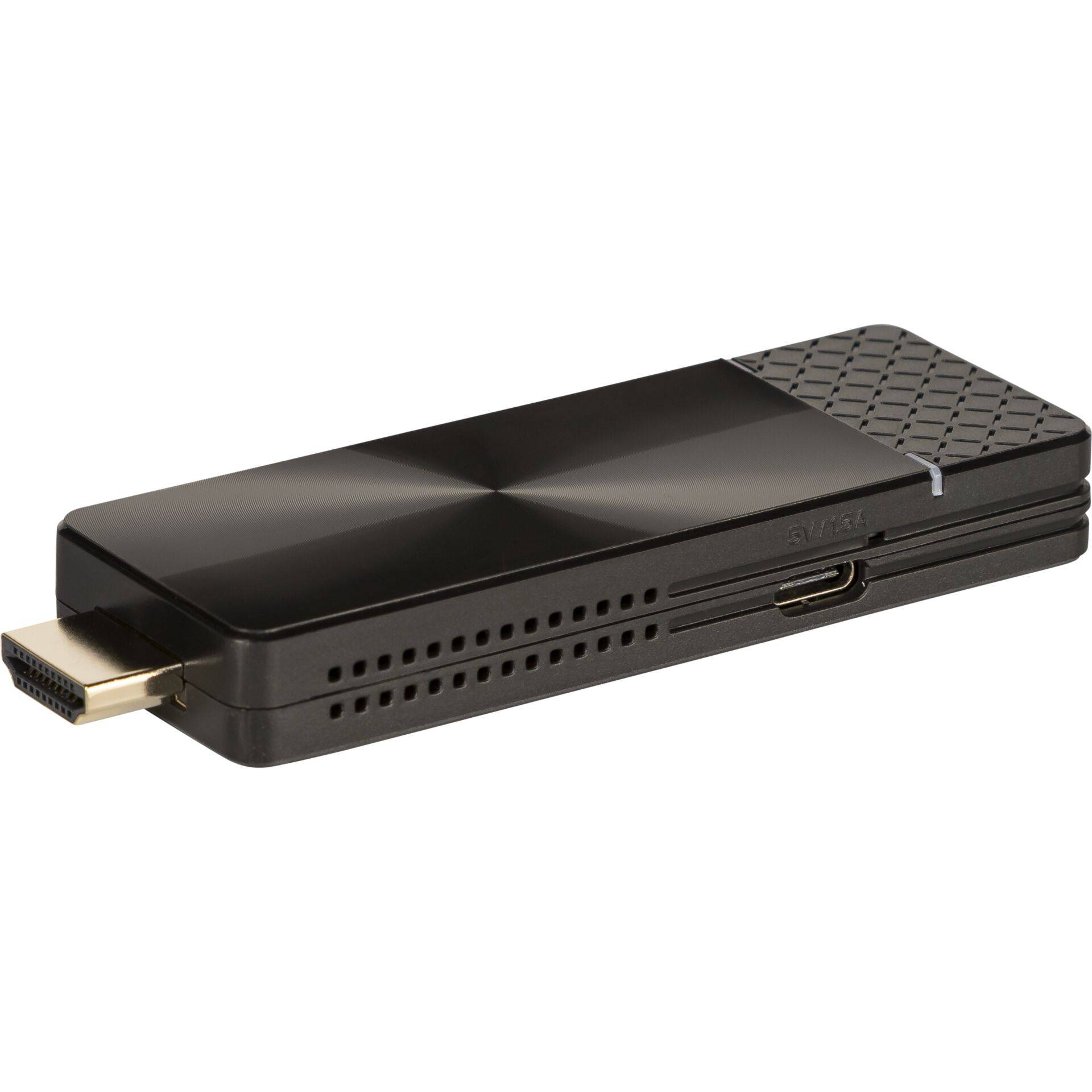 Schwarzer HDMI-Streaming-Dongle mit Stecker-Anschluss und seitlichem Micro-USB-Anschluss auf weißem Hintergrund.