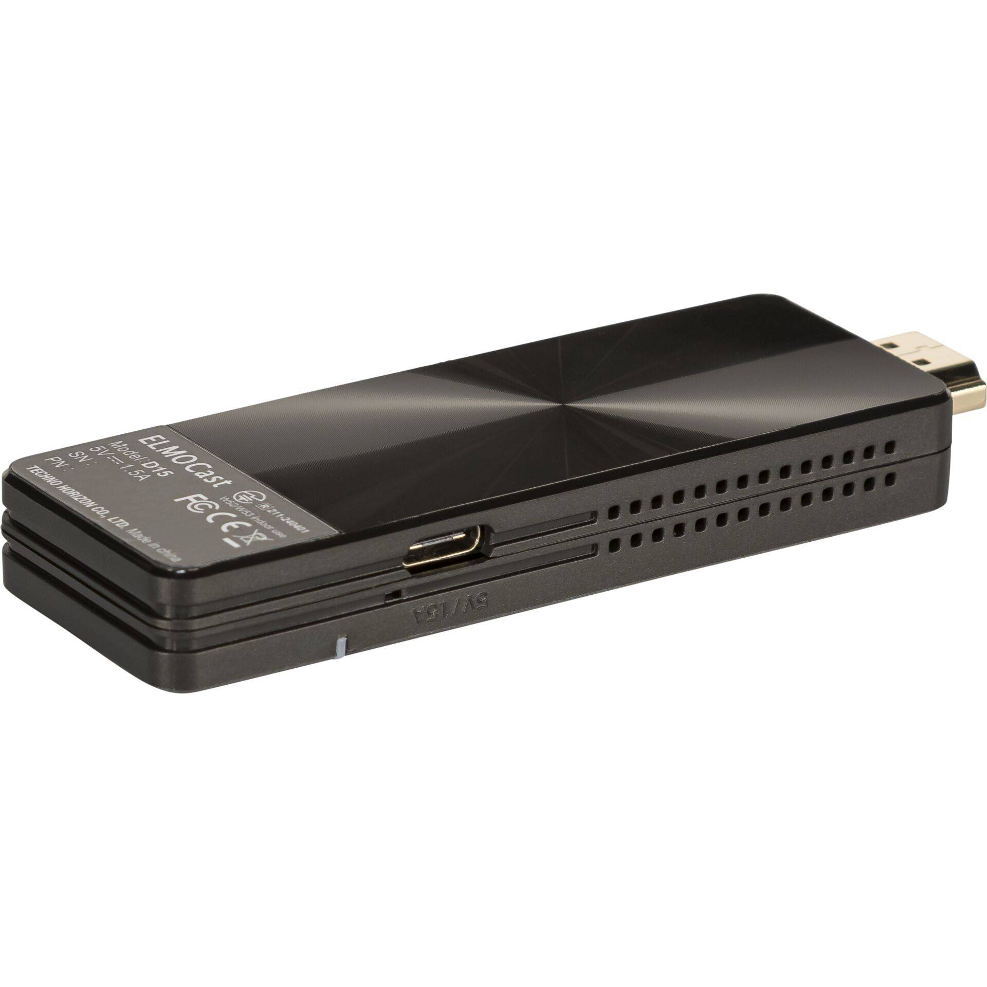 Schwarzer USB-HDMI-Streaming-Dongle mit Micro-USB-Stromversorgungsanschluss und Belüftungsschlitzen, dargestellt auf weißem Hintergrund.