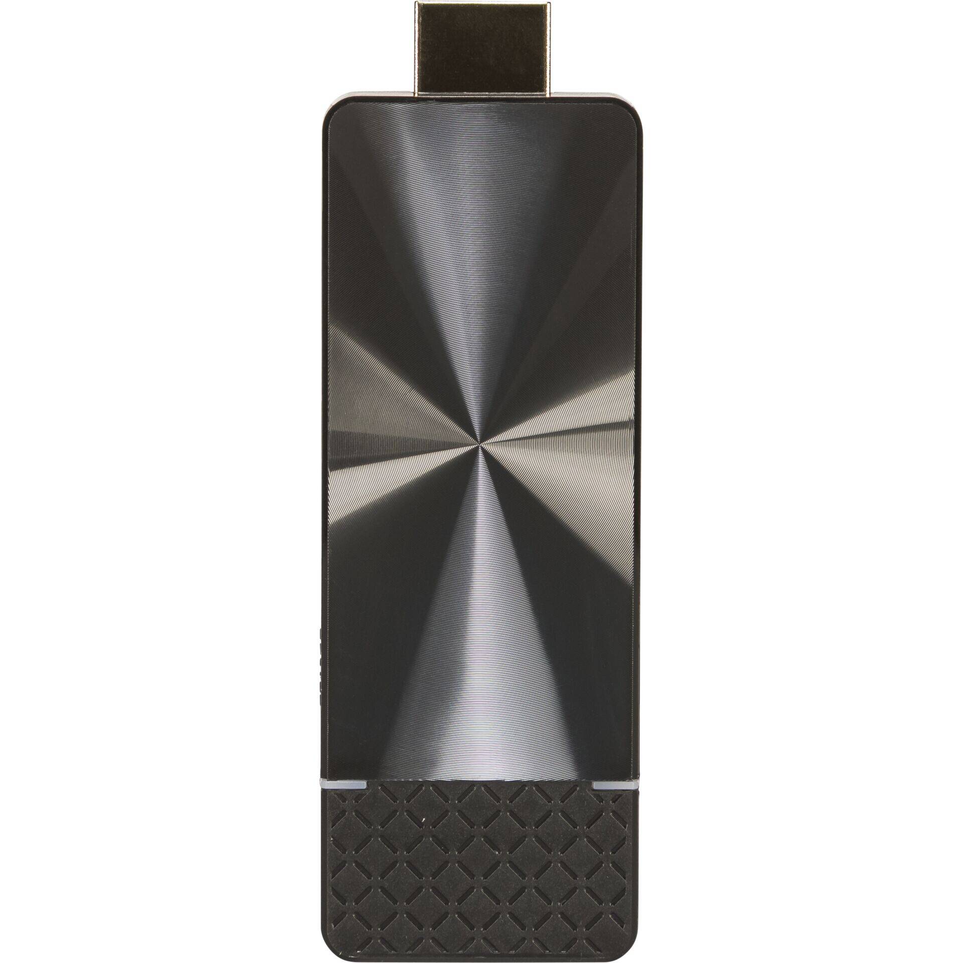 Kompakter schwarzer USB-Stick mit metallischer Oberseite und strukturiertem Griff am unteren Ende, isoliert auf weißem Hintergrund.