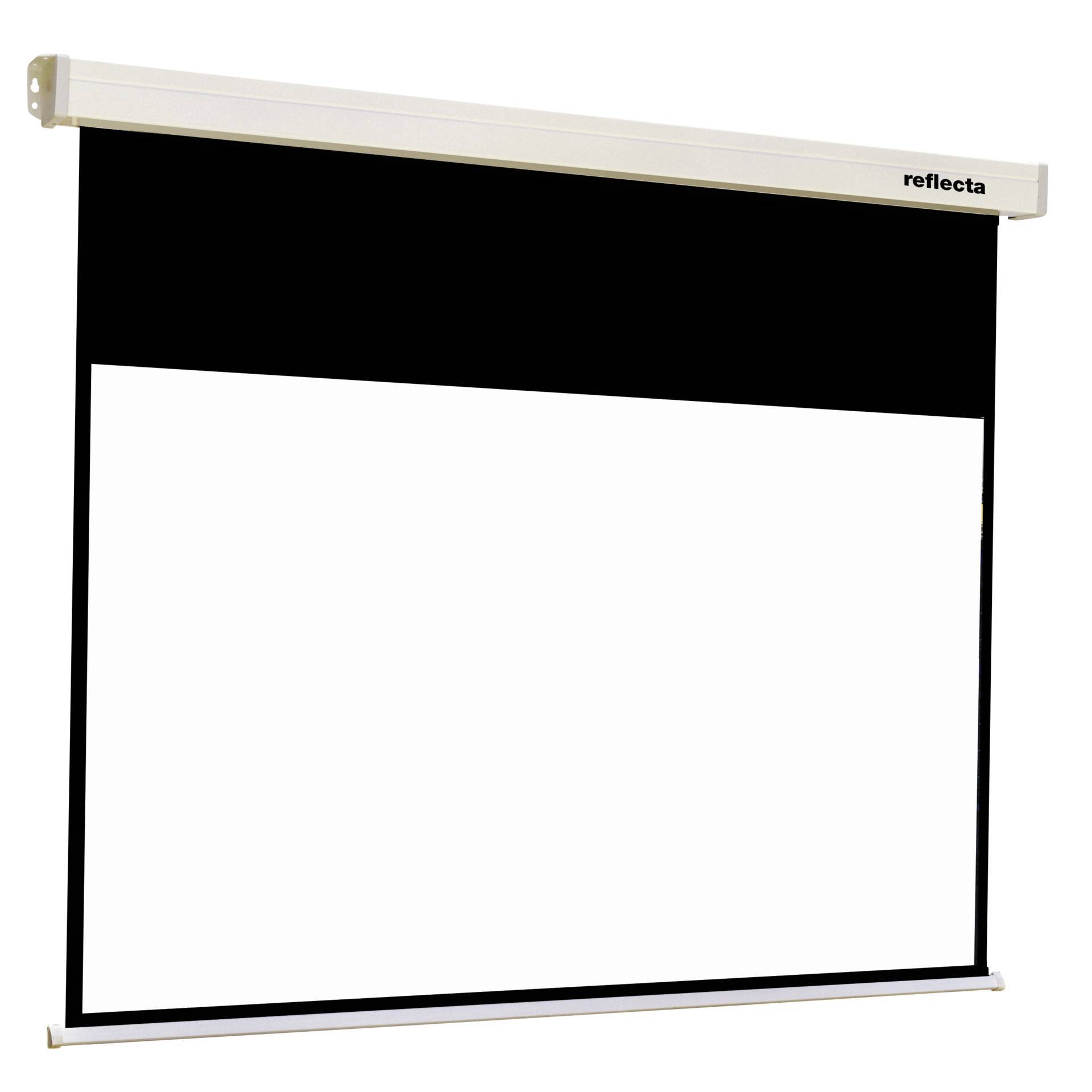 An der Wand montierter Projektionsbildschirm mit schwarzem Rahmen und weißer ausziehbarer Displayfläche, oben rechts mit der Beschriftung „reflecta