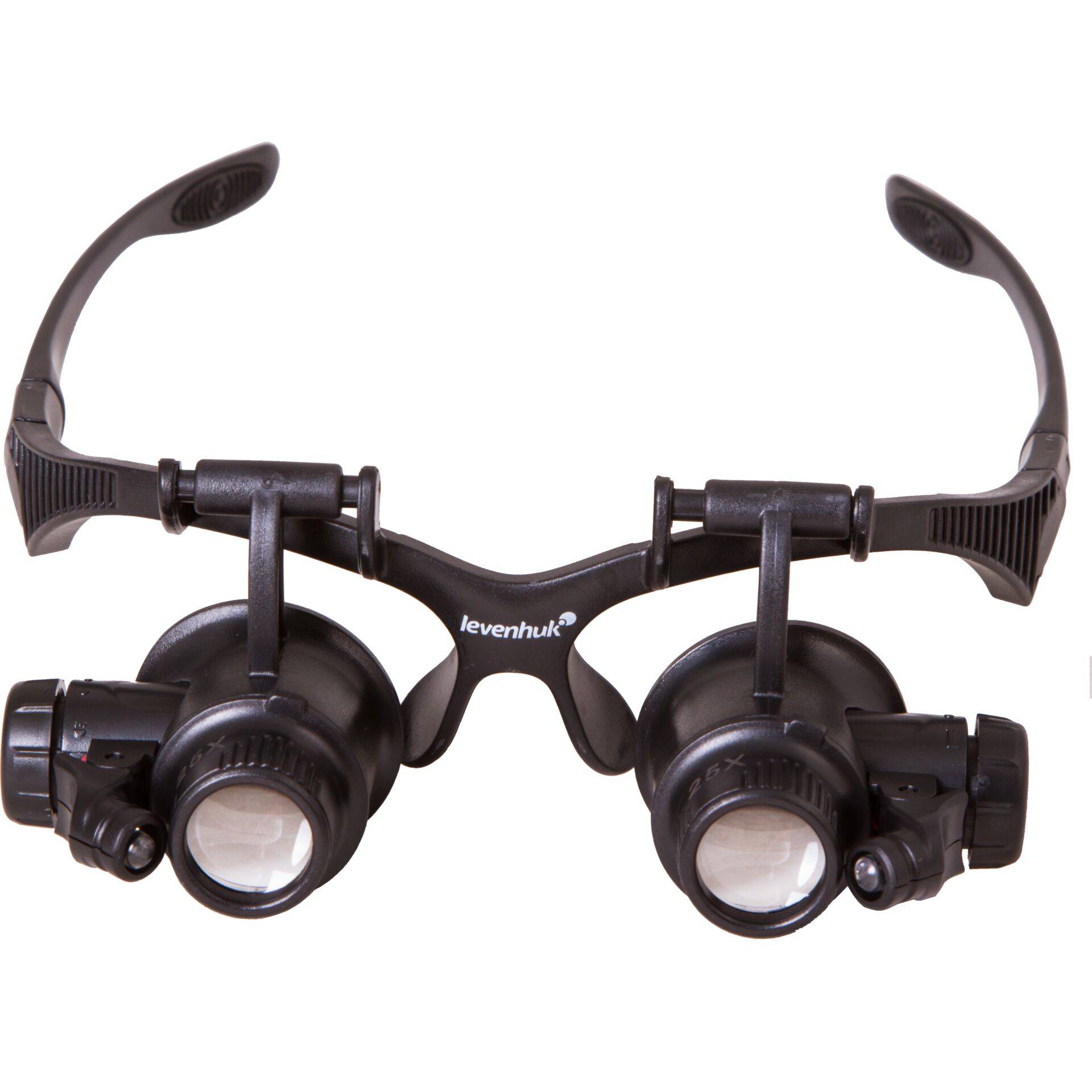 Schwarze klappbare Lupe-Binokelbrille mit doppelten Linsen und verstellbarem Kopfband auf weißem Hintergrund.