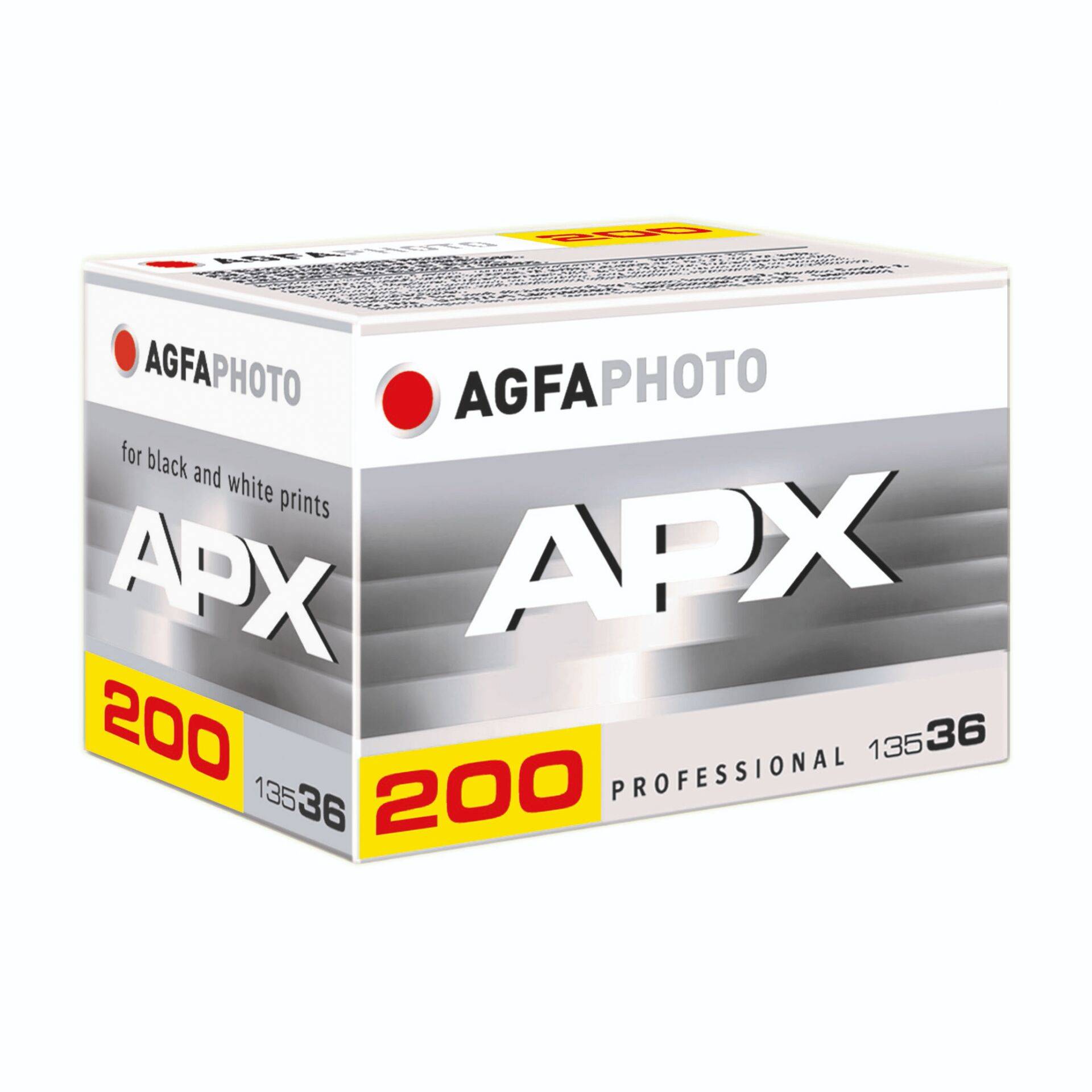Schachtel AgfaPhoto APX 200 Schwarzweiß-35-mm-Film, gezeigt in weiß- und grauem Verpackungsdesign mit roten und gelben Akzenten.