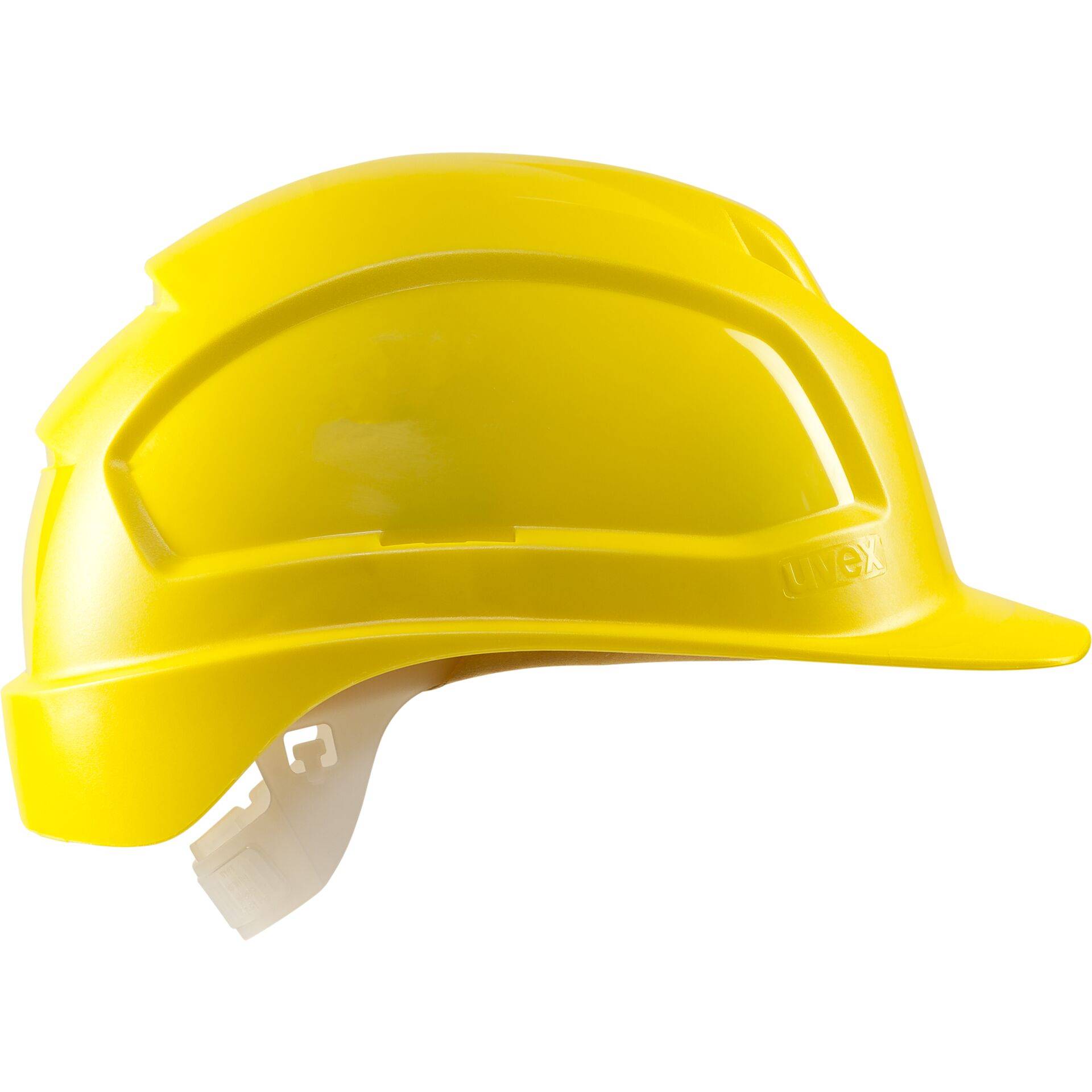 Gelber Bauhelm von der Seite auf weißem Hintergrund dargestellt.
