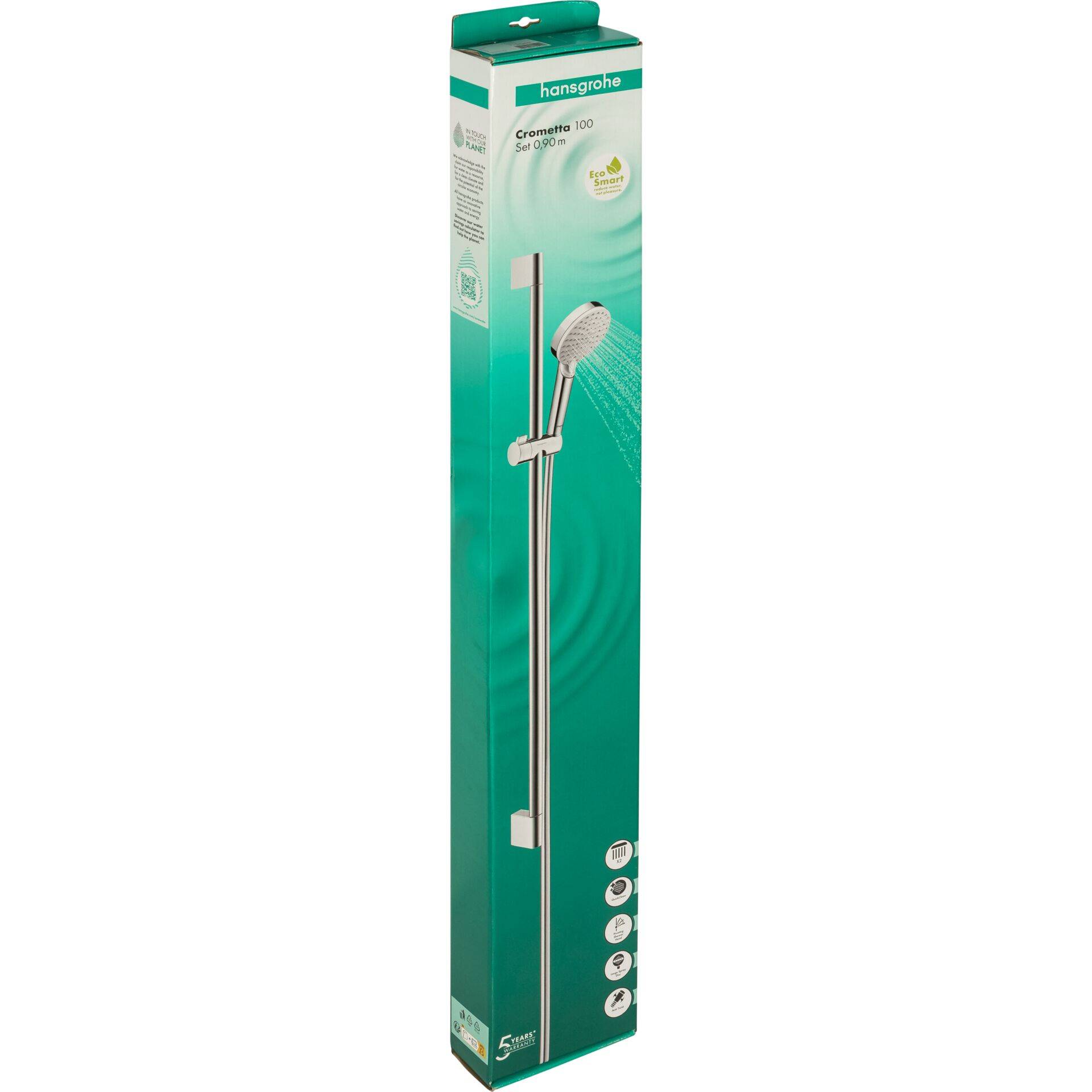 Verpackung einer Hansgrohe Crometta 100 Duschgarnitur mit Handbrause und Schiene in Türkis und Weiß.