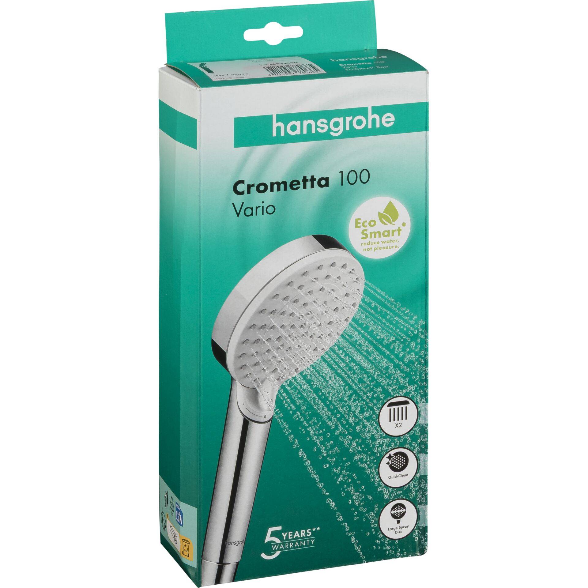 Verpackte Hansgrohe Crometta 100 Vario Duschkopf, türkisblaue Verpackung mit Produktabbildung und „EcoSmart