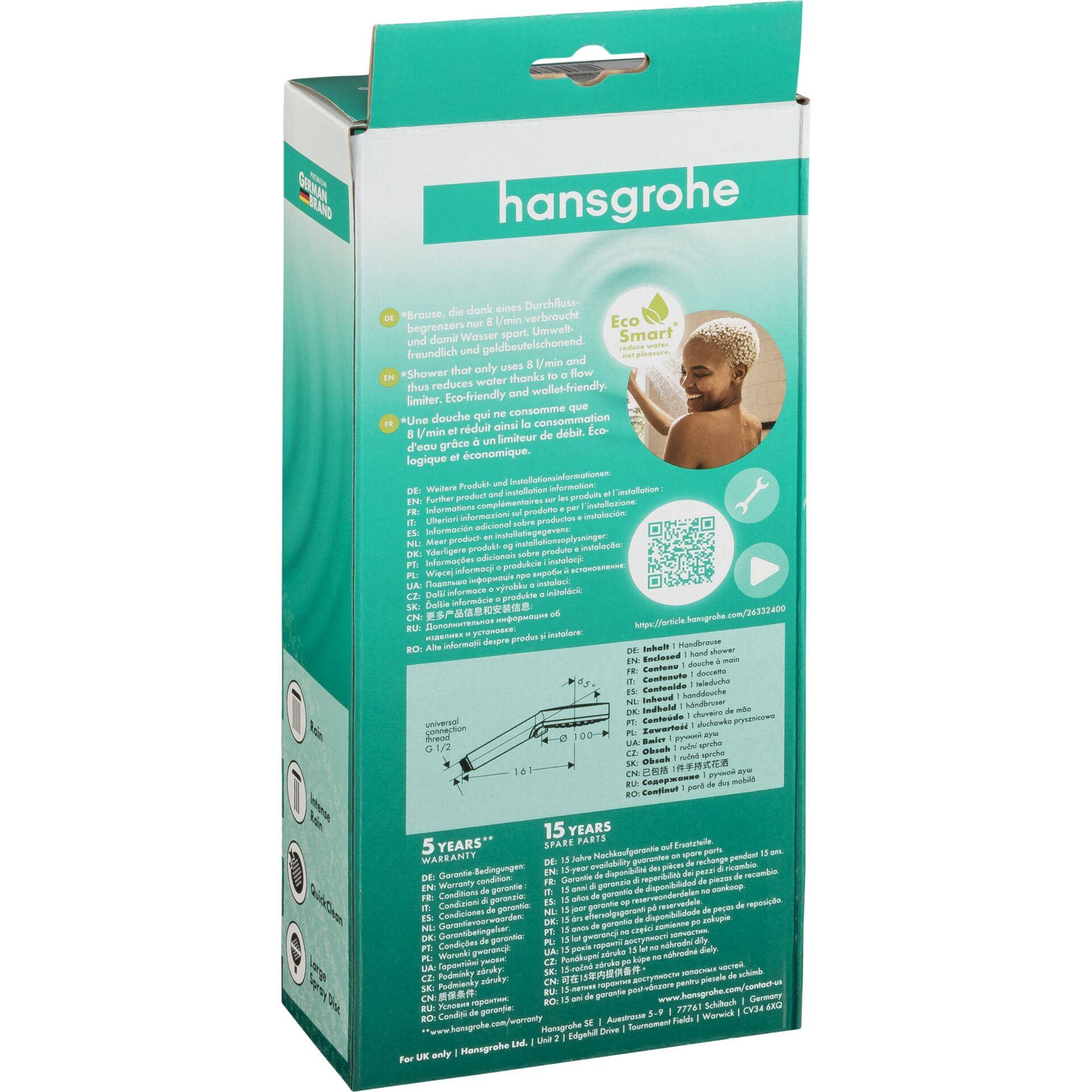 Teal Hansgrohe Produktkistenverpackung mit Branding, umweltfreundlicher Duschbildsprache, QR-Code und Produktdetailtexten auf der Vorderseite.