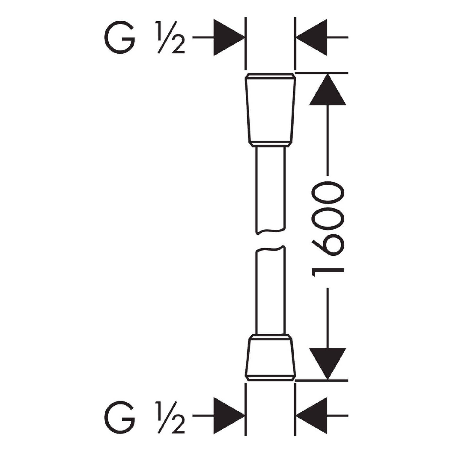 Technische Zeichnung eines zylindrischen Teils mit Gewinde an den Enden, mit der Bezeichnung G 1/2 oben und unten sowie einer Gesamtlänge von 1600.