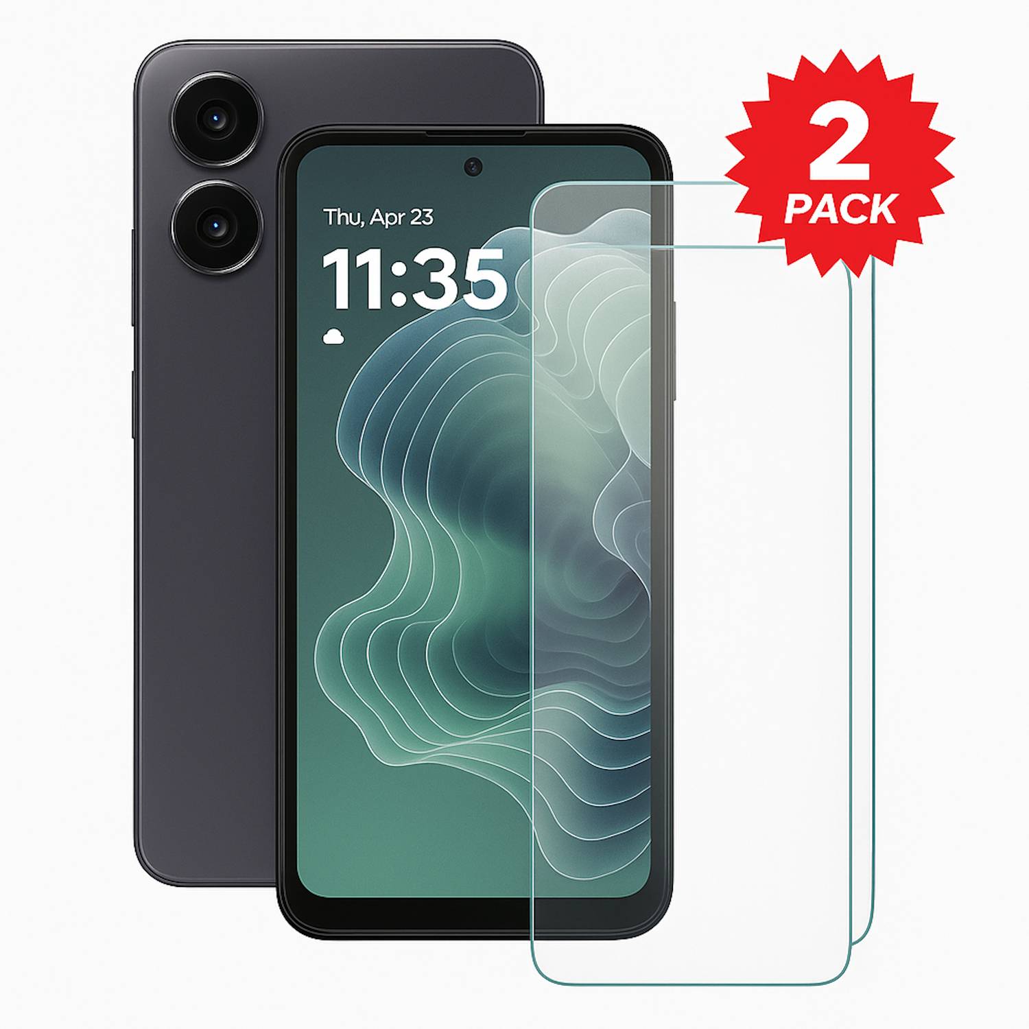 Smartphone-Displayschutzfolien-Set im Doppelpack mit Vorder- und Rückseite eines Telefons, plus ein 