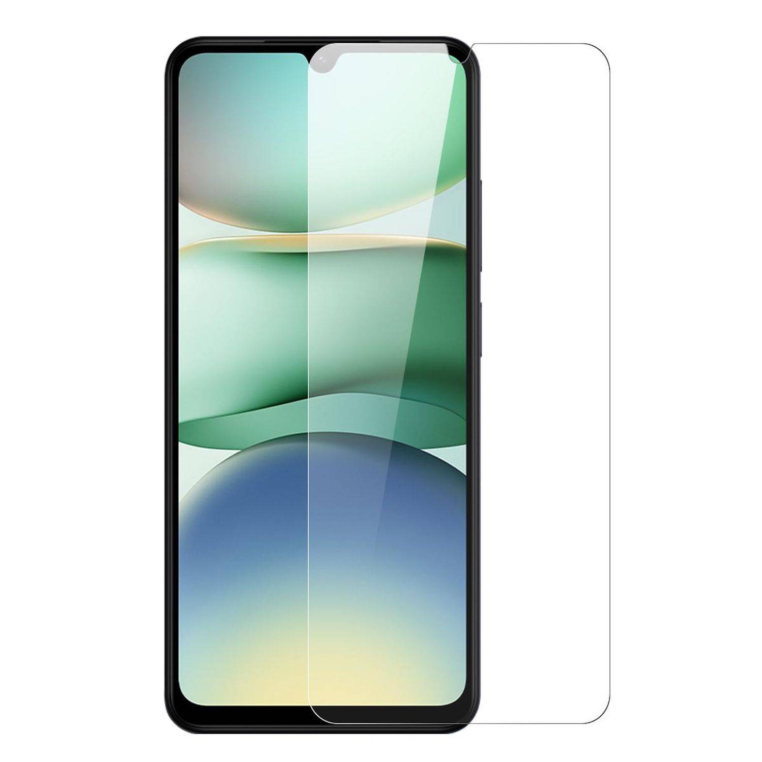 Vorderansicht eines Smartphones mit einem daneben ausgerichteten Displayschutz, der eine Notch und ein abstraktes grün-blaues Hintergrundbild zeigt.