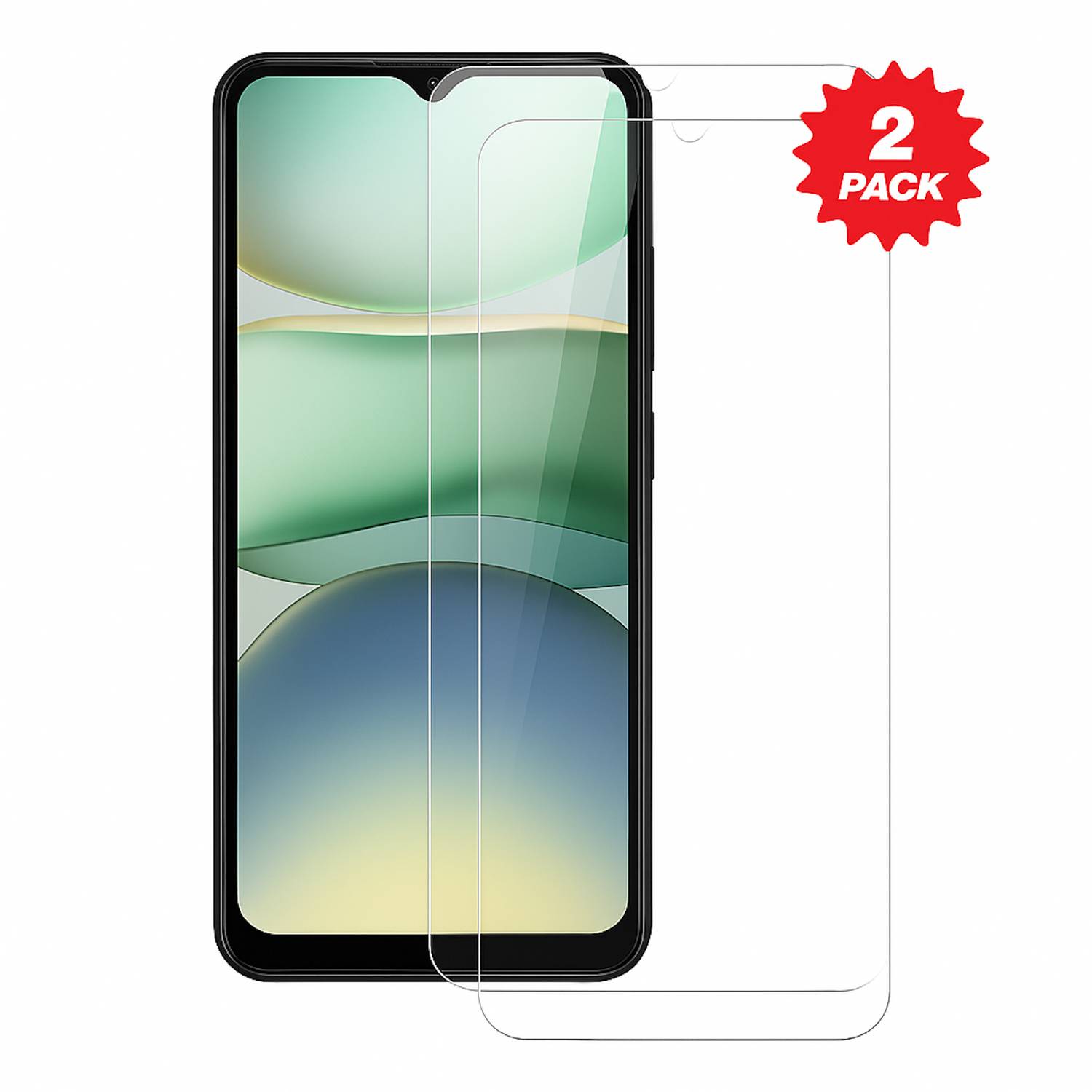 Zweierpack klare Smartphone-Displayschutzfolien, über einem Telefon gezeigt, mit einem roten „2ER-PACK