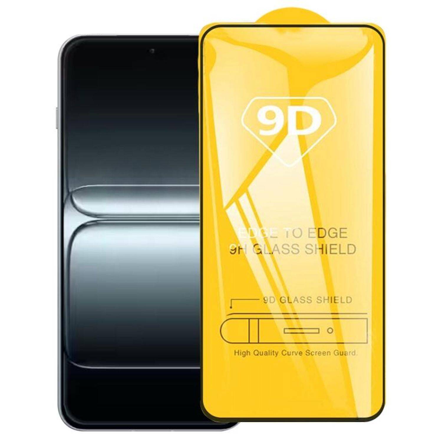 Gelber 9D Kanten-zu-Kanten Glasbildschirmschutz für ein Smartphone, über einer Phonenanzeige gezeigt, mit Text „9D