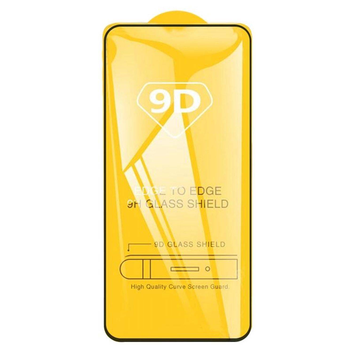Gelbes 9D-Randlos-Glasschutzfolie-Paket mit Telefonumriss und Text „KOSTENLOS BIS ZUR KANTE 9D-GLASSCHILDES