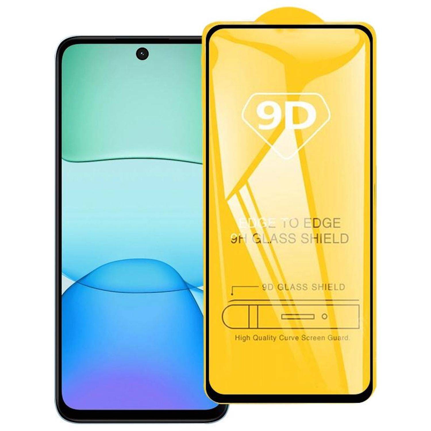 Zwei Smartphones nebeneinander gezeigt, eines mit einem blauem Gradient-Bildschirm und eines mit einem gelben „9D