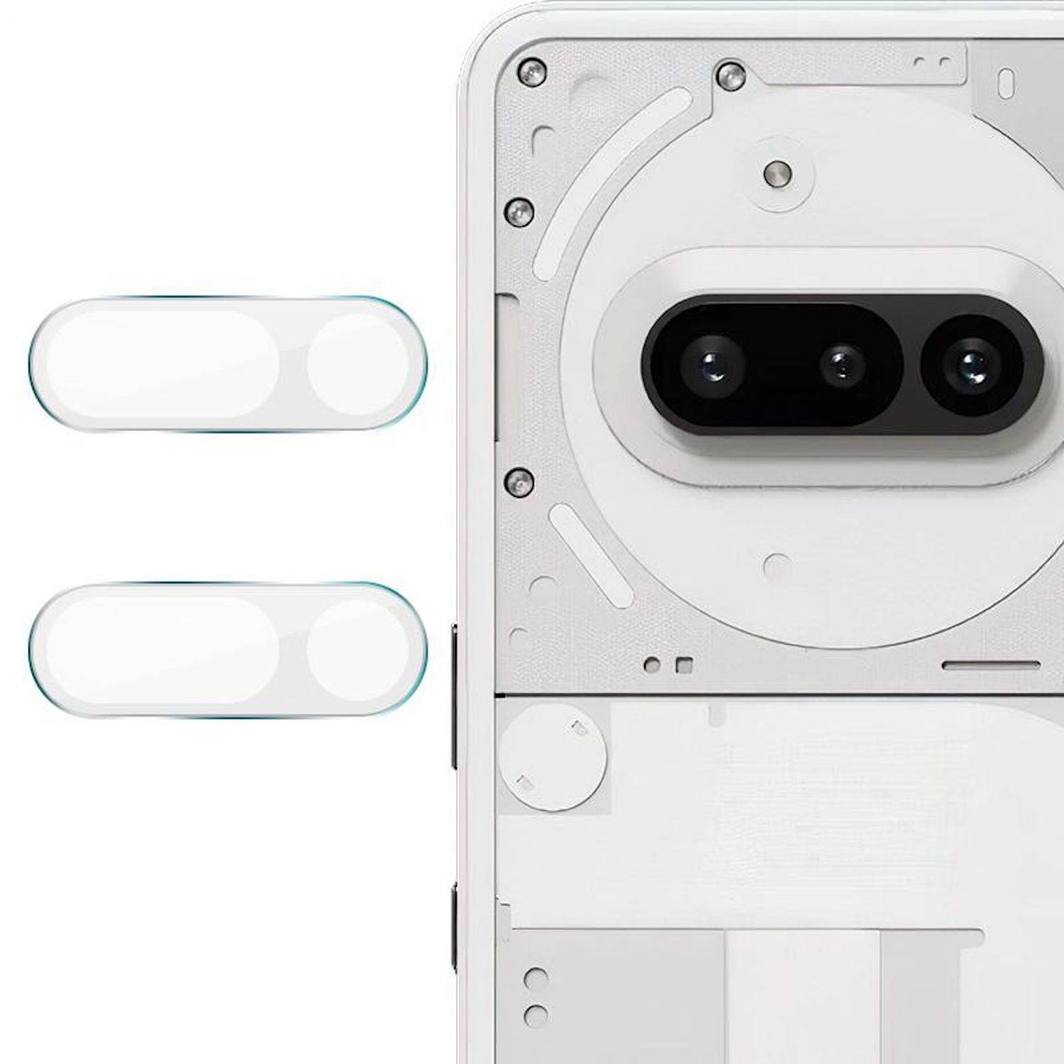 Nahaufnahme der Rückseite eines weißen Smartphones mit Dualkameras, daneben auf der linken Seite zwei beschriftungslose pillenförmige Kippschalter.
