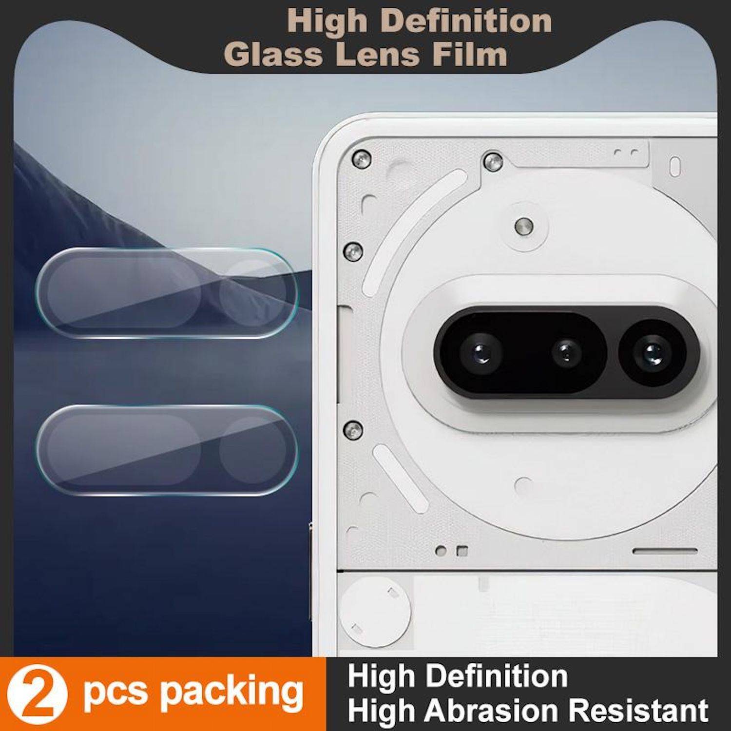 Werbegrafik für 'High Definition Glass Lens Film' mit zwei Schutzfolien für Kameraobjektive neben einem Telefonkameramodul, beschriftet mit '2er Packung' und 'Hochabriebfest'.