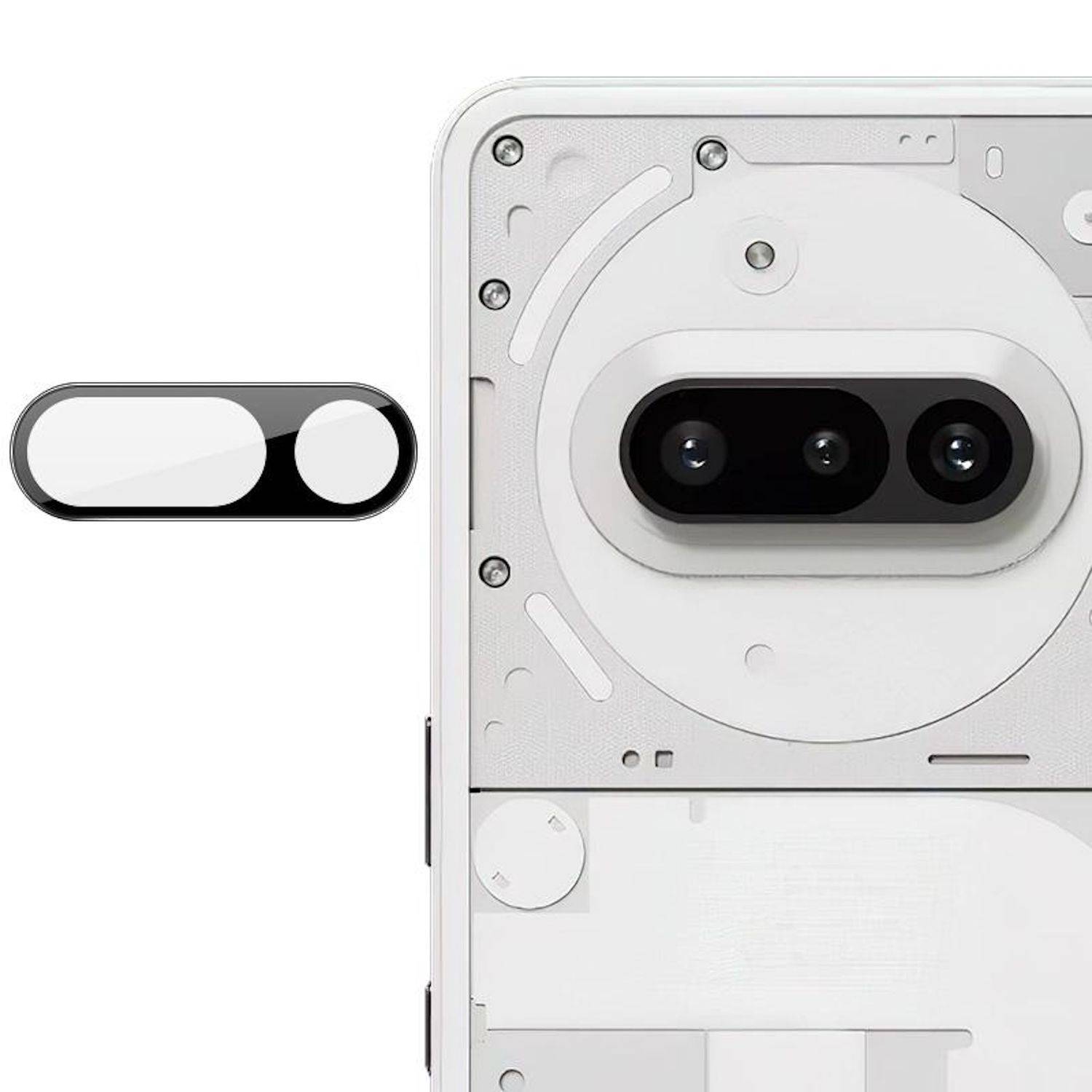 Rückansicht eines weißen Smartphones mit einem Dual-Kamera-Modul und einer separaten pillenförmigen schwarz-weißen Komponente daneben.