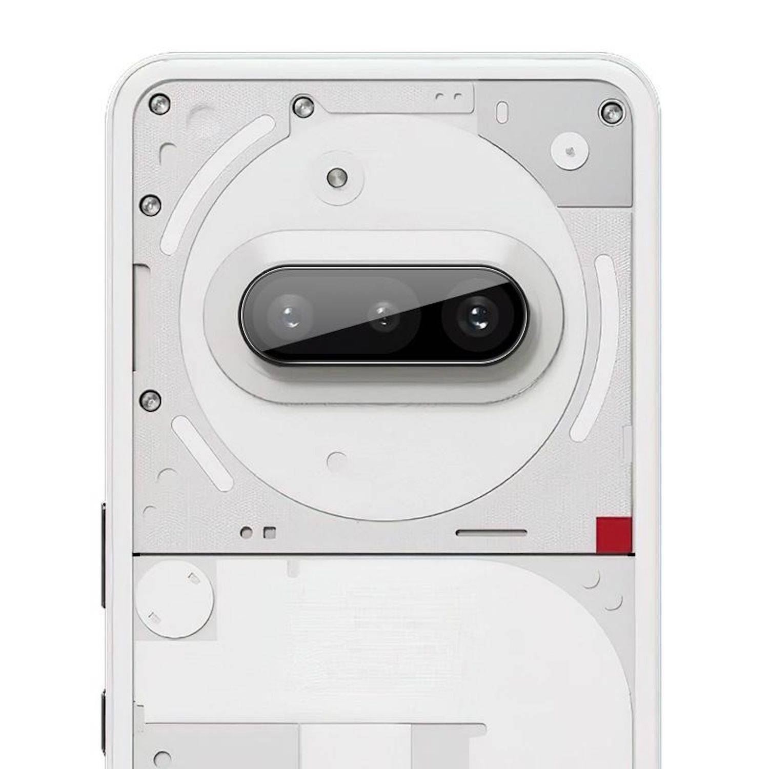 Rückansicht eines weißen Smartphones mit einem zentrierten Dual-Kamera-Modul und einem minimalistischen, transparenten Design.