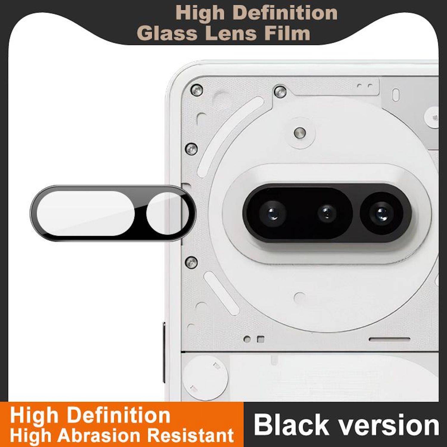 Produktgrafik eines schwarzen Kameraobjektiv-Schutzes mit der Bezeichnung „High Definition Glass Lens Film