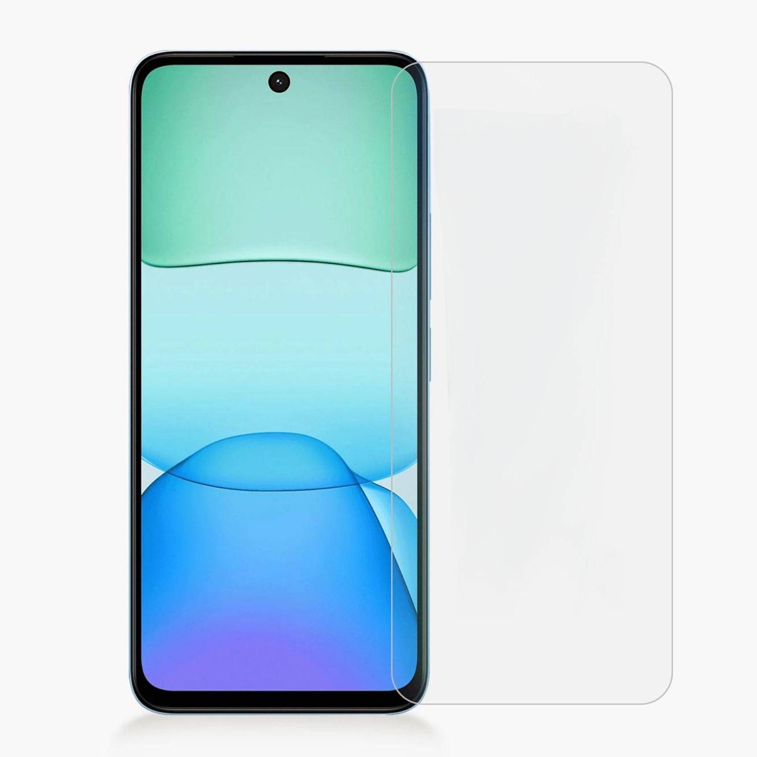 Frontansicht eines Smartphones mit einer zentrierten Loch-Kamera, dargestellt mit einer daneben liegenden klaren Displayschutzfolie.