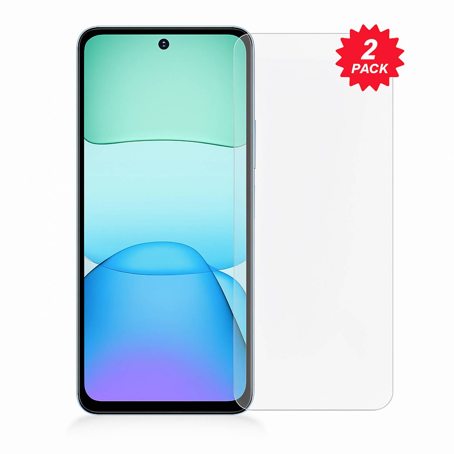 Displayschutzfolie für Smartphones auf einer Phone-Mockup dargestellt, mit einem roten „2er-PACK