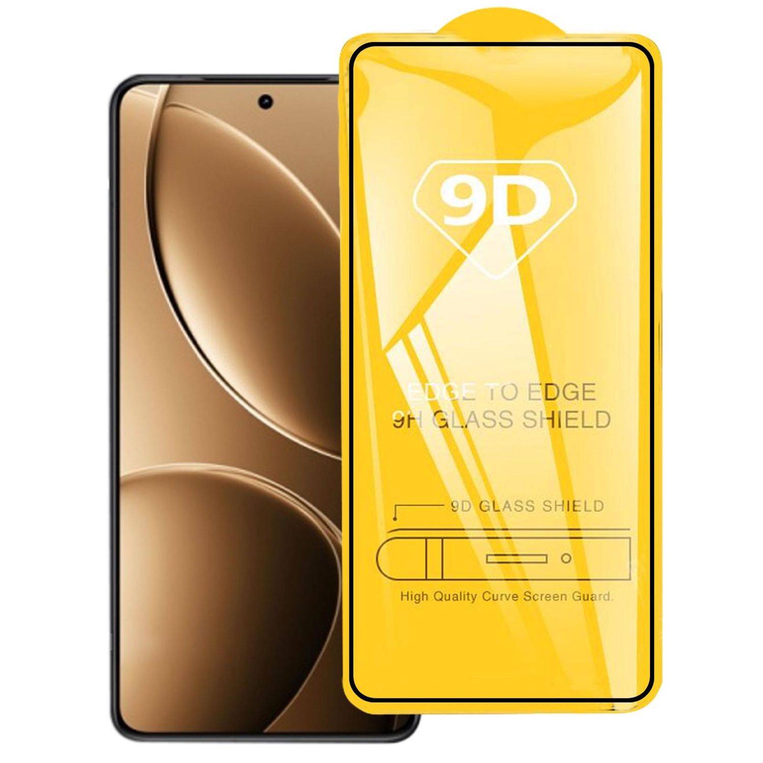 Ein Displayschutz für Smartphones mit gelber Verpackung mit den Aufschriften „9D