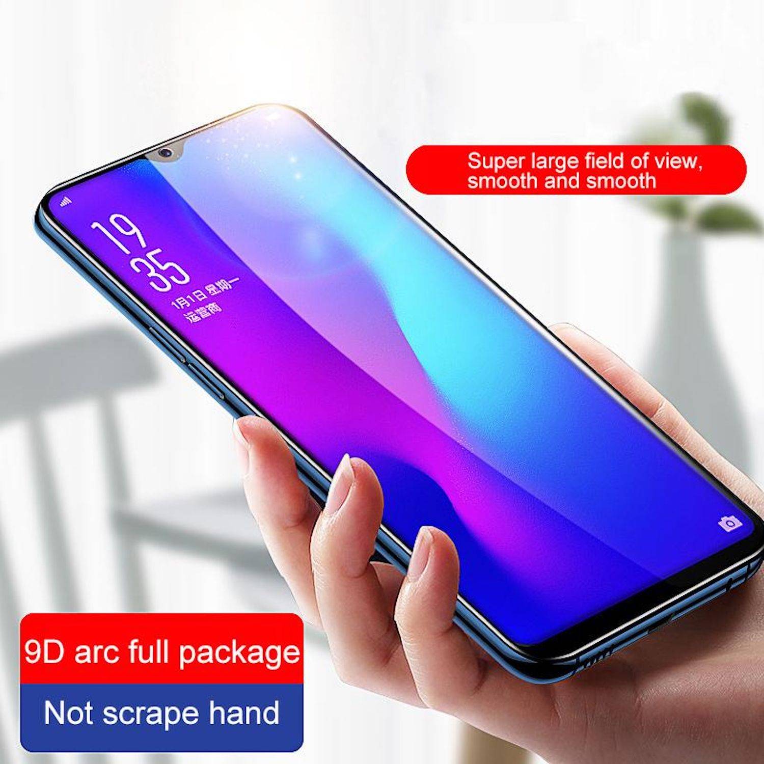 Hand hält ein Smartphone mit gekrümmtem Kantenbildschirm; Text im Bild bewirbt 'Super großes Sichtfeld, glatt und sanft' und '9D-Bogen-Komplettpaket, kratzt nicht die Hand'.