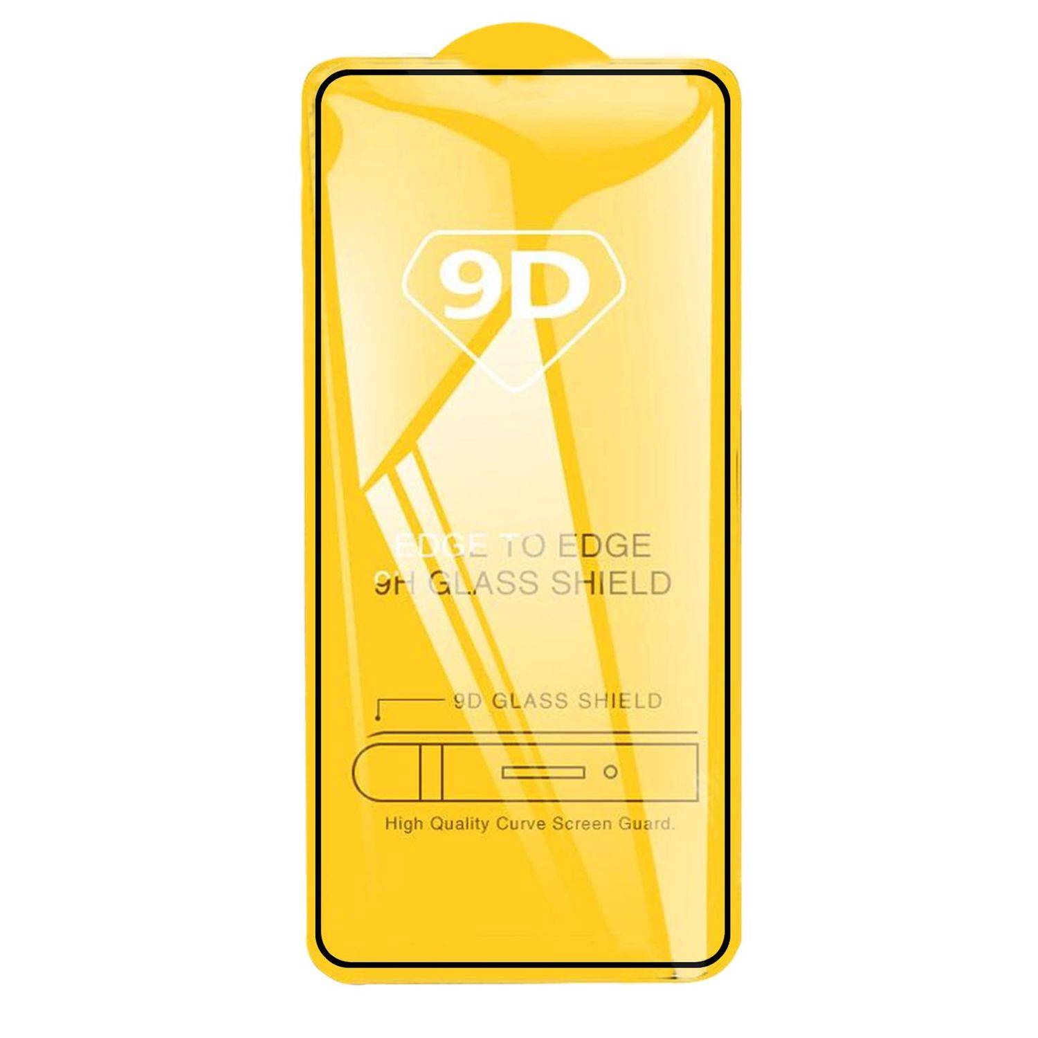 Gelb 9D Vollbild-Hartglasschutzfolie Paket mit den Bezeichnungen '9D', 'EDGE TO EDGE 9H GLASS SHIELD' und 'High Quality Curve Screen Guard'.