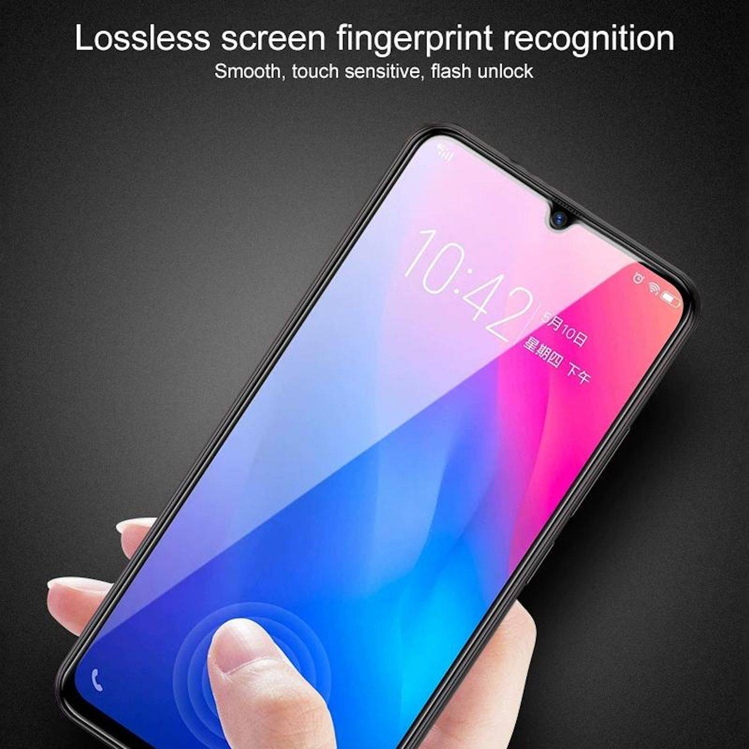 Werbebild eines Smartphones, das mit einem Finger entsperrt wird, mit verlustfreier Fingerabdruckerkennung; Der Text lautet: 