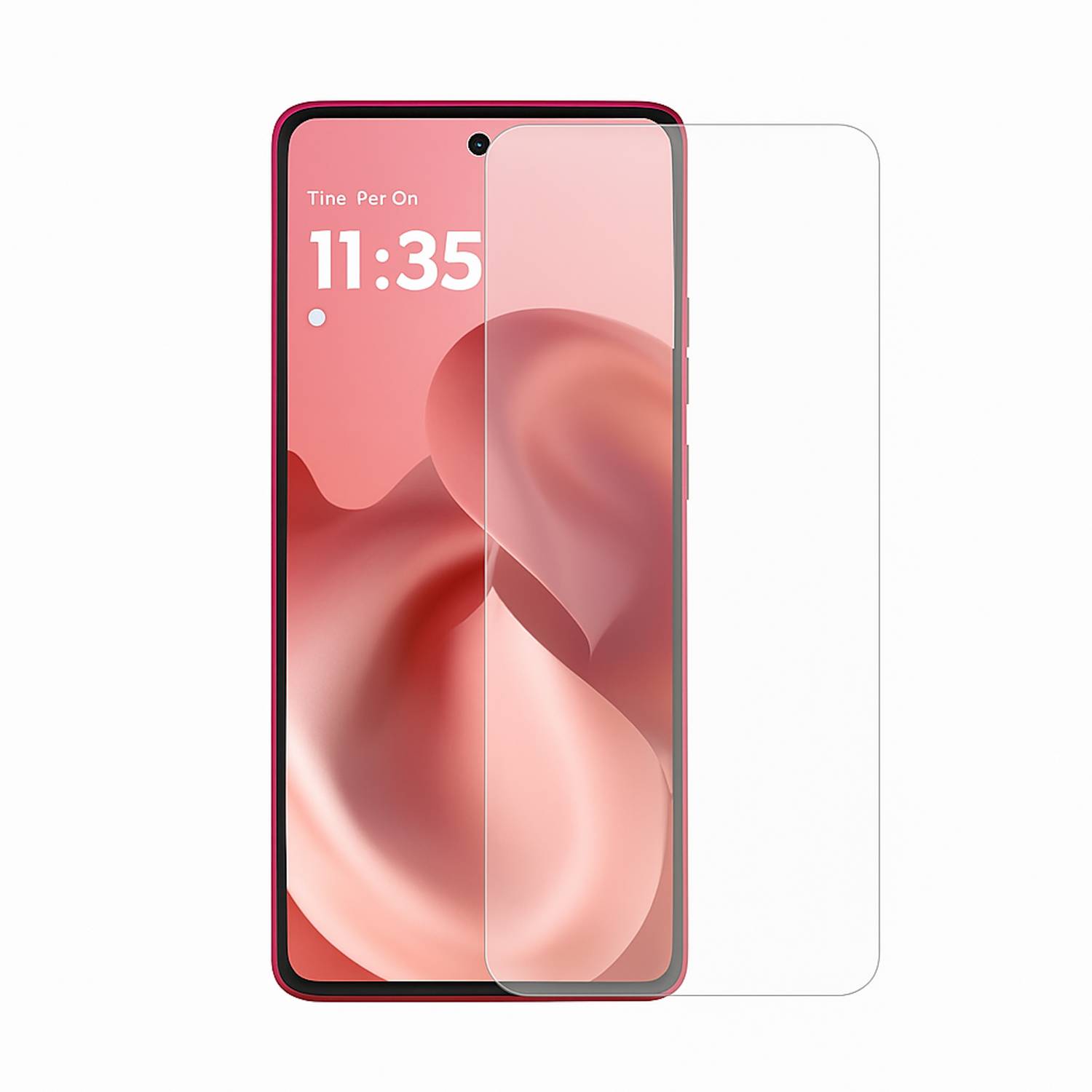 Ein rosafarbenes Smartphone wird frontal gezeigt, mit einer transparenten Displayschutzfolie, die daneben ausgerichtet ist, um Geräteschutz oder Passform zu demonstrieren.