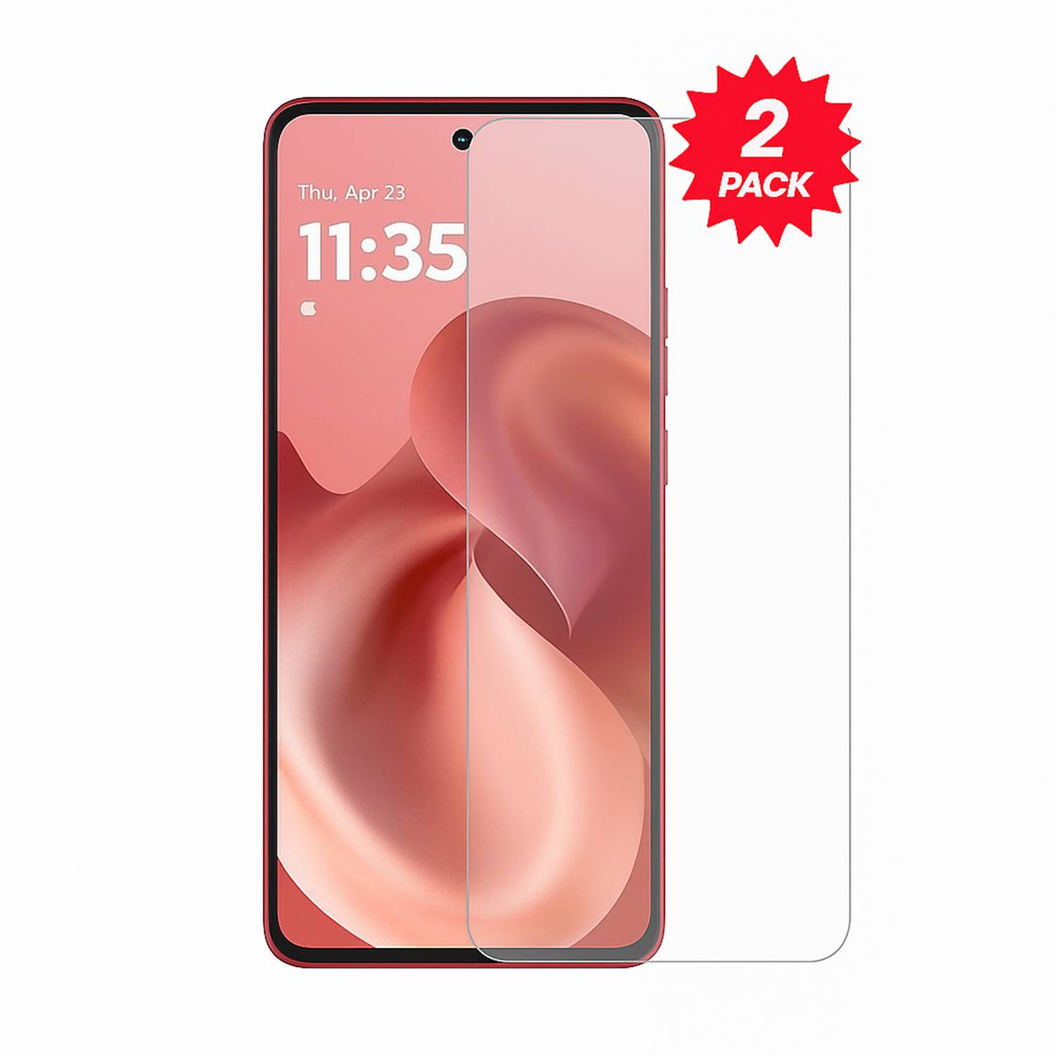 Zweierset-Displayschutzfolie für ein Smartphone, gezeigt über einem pinken Smartphone-Display mit einem roten „2ER-PACK