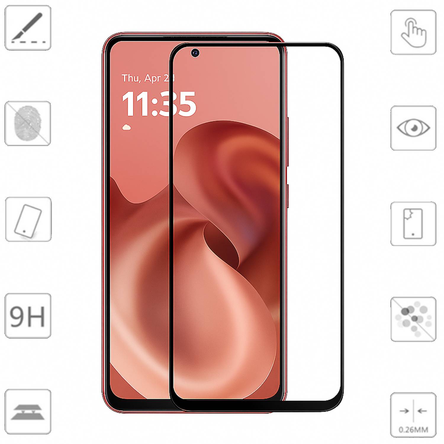 Smartphone-Displayschutzfolie, die über einem Telefonanzeige ausgerichtet dargestellt ist und die kante-zu-kante Passform, Fingerabdruckschutz, bruchfest, 9H-Härte und 0,26 mm Dünnheit hervorhebt.