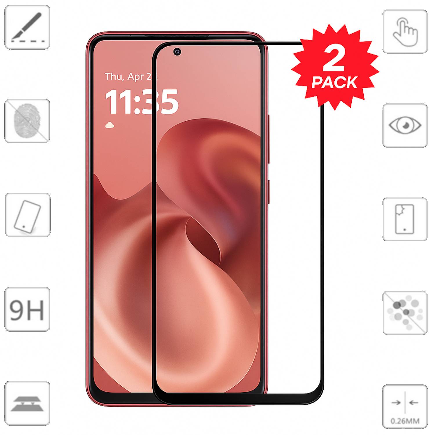 Zwei Stück gehärtete Glasschutzfolien für ein Smartphone, gezeigt über einem Telefon mit Symbolen für „9H
