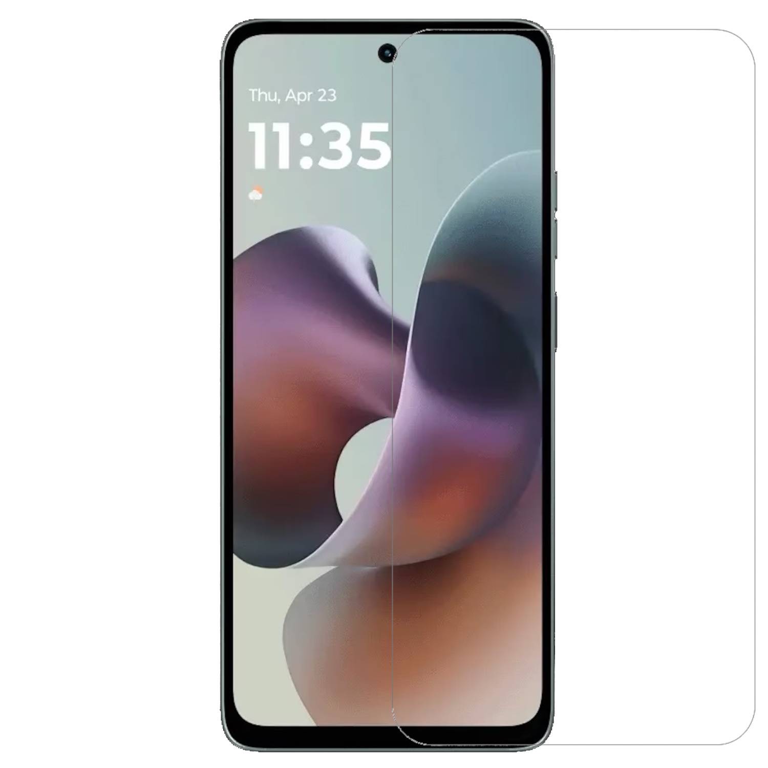 Vorderansicht eines Smartphones, das eine bunte abstrakte Tapete mit der Uhrzeit 11:35 und dem Datum Do., 23. Apr. anzeigt.