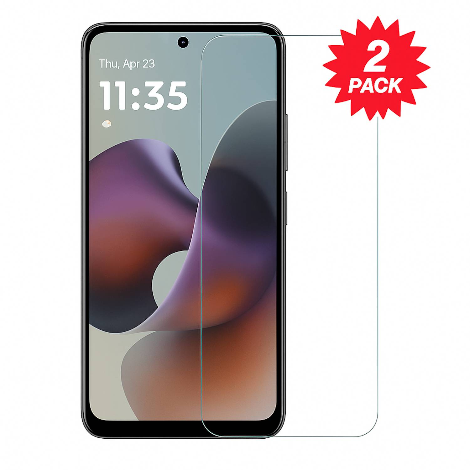 2er-Pack klare Displayschutzfolien für ein Smartphone, gezeigt über einem Telefondisplay mit einem roten „2er-PACK