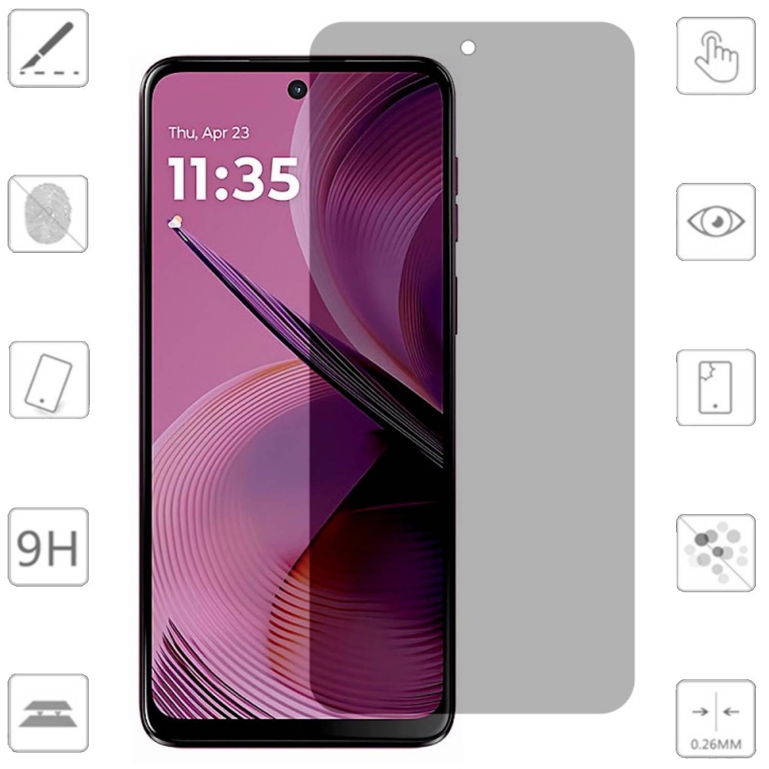 Smartphone-Displayschutzfolie auf einem Phone-Mockup, das vollständige Abdeckung mit Punch-Hole-Kamera-Ausschnitt und 0,26 mm Dickensymbol zeigt.