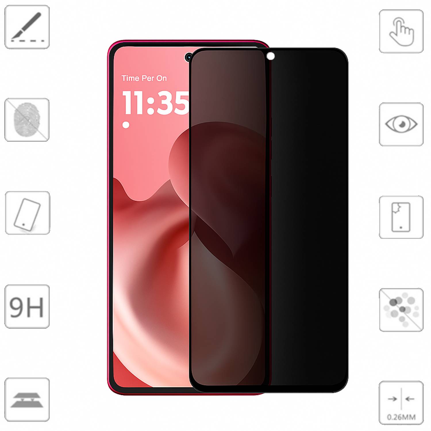 Drei Smartphone-Displayschutzfolien, übereinander auf einem Telefon angeordnet: eine klare, eine getönte Datenschutzfolie und eine schwarze kantenbündige Folie, die 9H-Härte und 0,26 mm Dicke hervorheben.