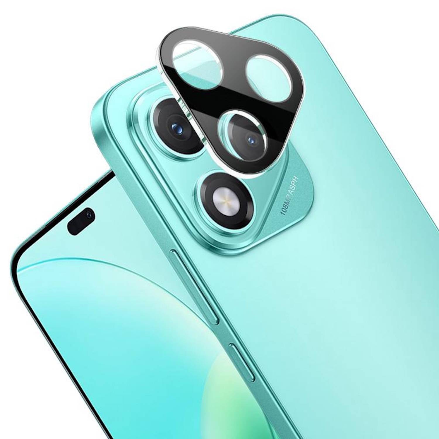 Mintgrünes Smartphone in Schrägansicht mit dreifachem rückwärtigem Kameramodul und separat angebrachtem Schutzlinsendeckel für die Kamera.