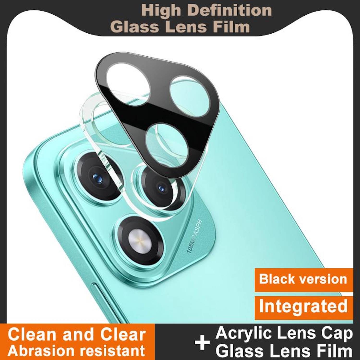 Darstellung eines Smartphone-Kameralinsenschutzkits: schwarze integrierte Acryl-Objektivkappe und Glislinsenschutzfolie für ein türkisfarbenes Smartphone, gekennzeichnet mit „High Definition Glass Lens Film