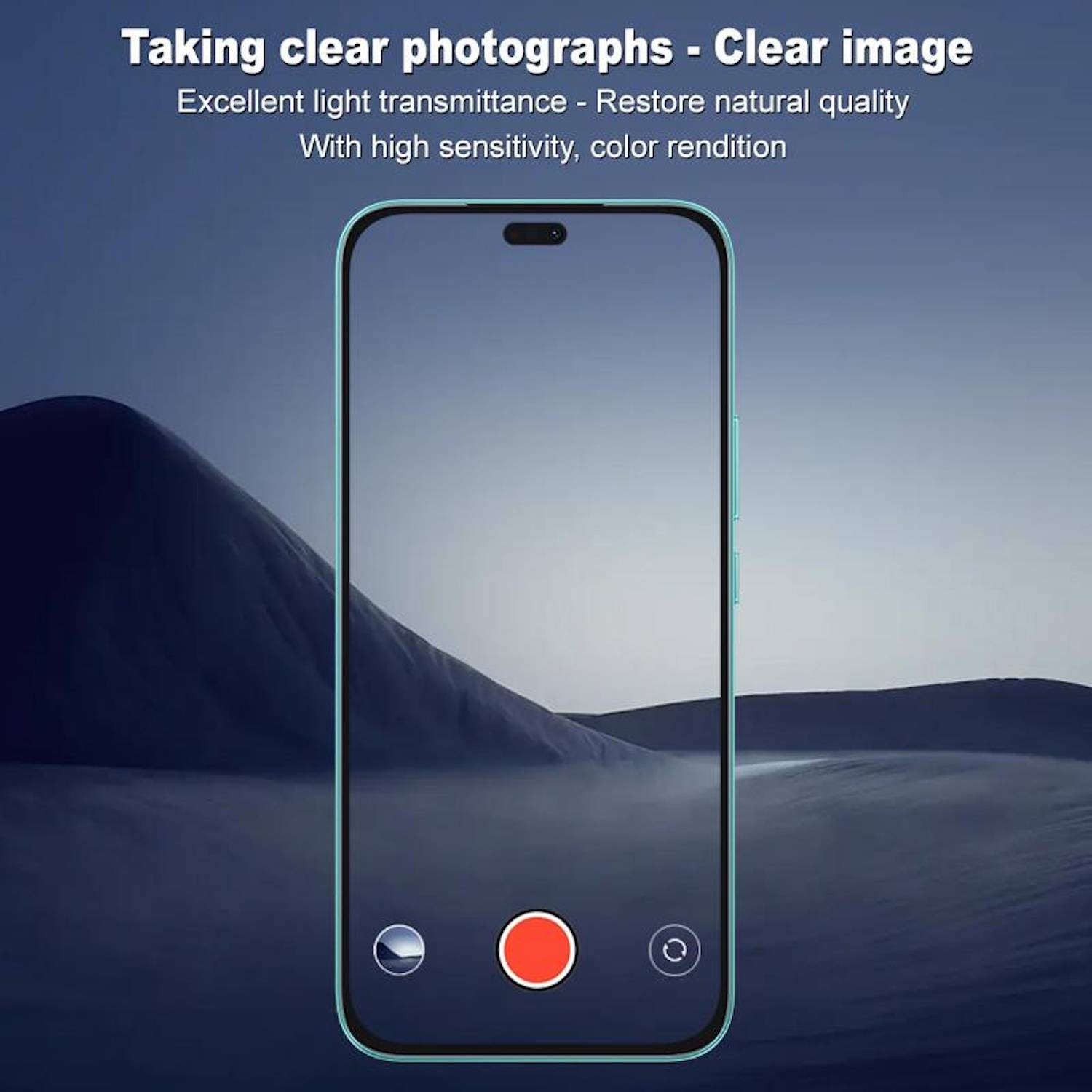 Werbegrafiik eines Smartphone-Kamerasystems mit Text „Klare Fotografien machen – Klares Bild