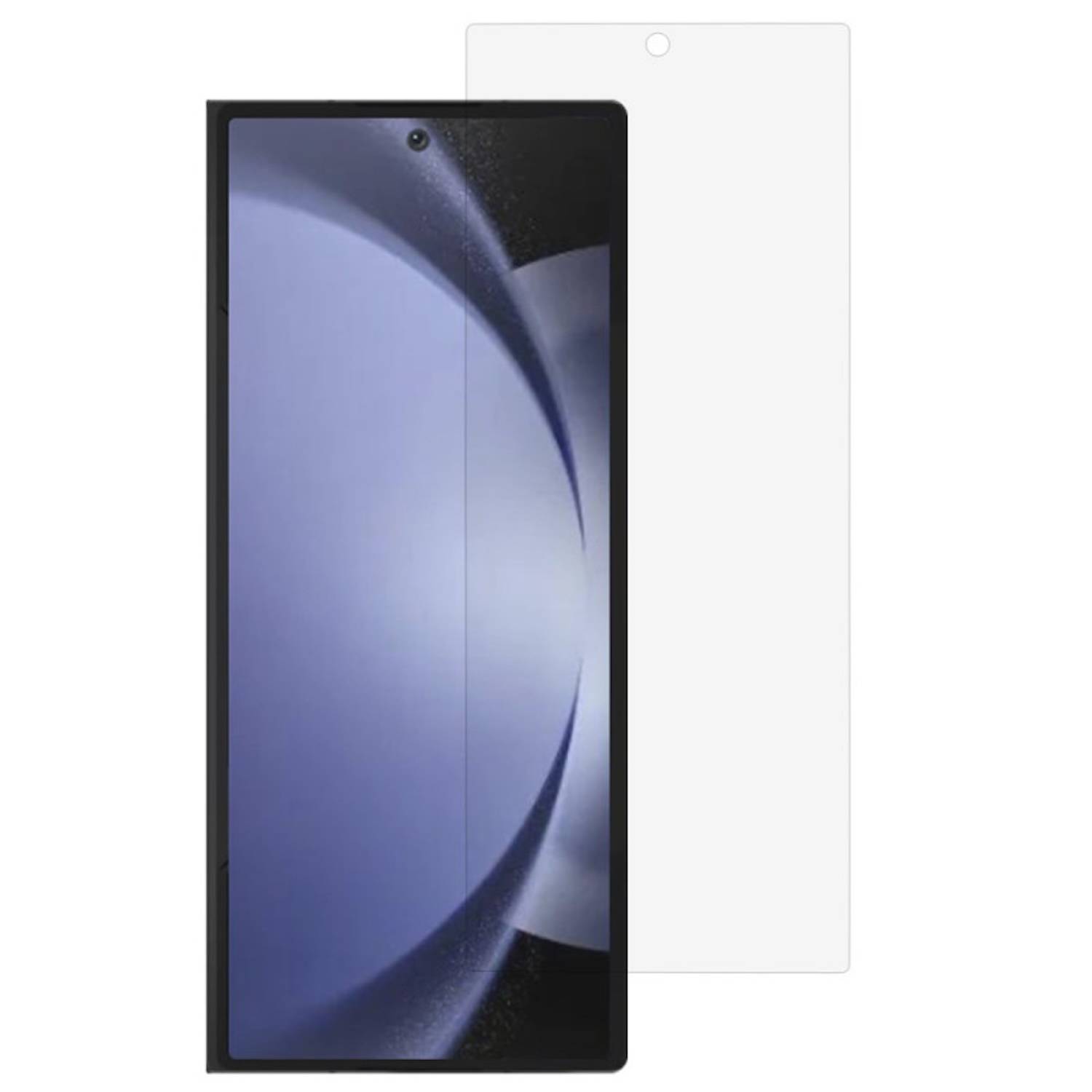 Schwarzes Smartphone von vorne und hinten gezeigt, mit einer zentrierten Lochkamera auf dem Display und einer schlichten weißen Rückseite dahinter.