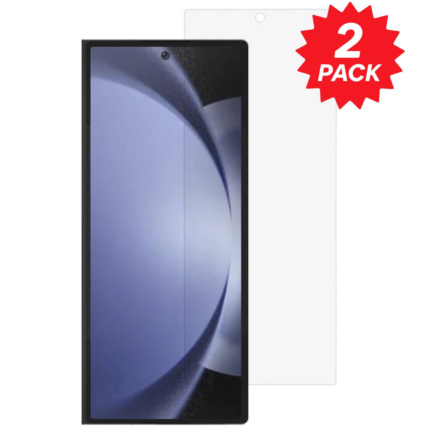 Zwei-Pack durchsichtige Displayschutzfolien für ein Smartphone, dargestellt mit einem Telefon, das einen blauen abstrakten Hintergrund zeigt, und einem roten „2ER-PACK