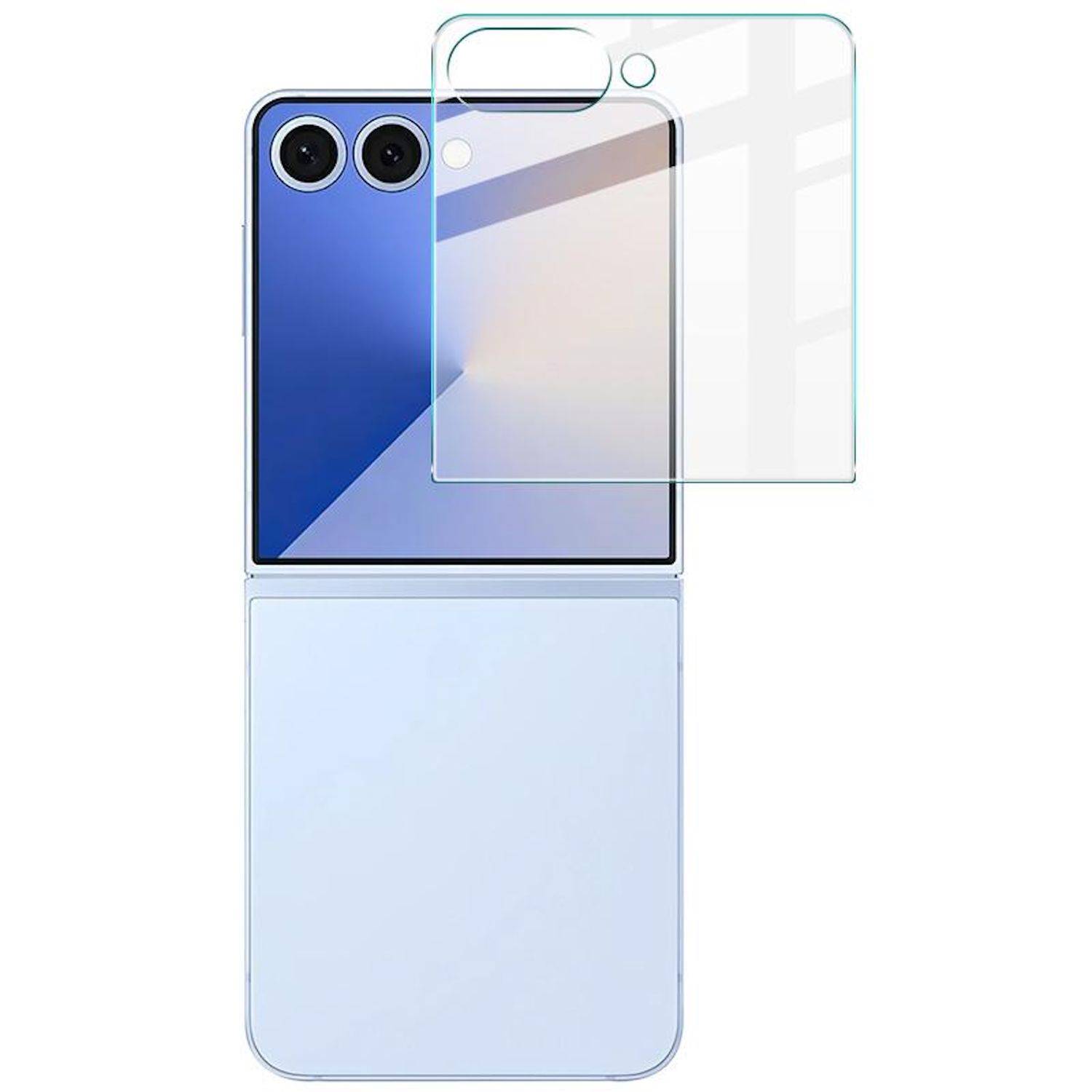 Faltbares Smartphone von vorne und hinten mit einer transparenten Schutzhülle, die an der Rückseite mit der Kamera und der Scharnierstelle ausgerichtet ist.