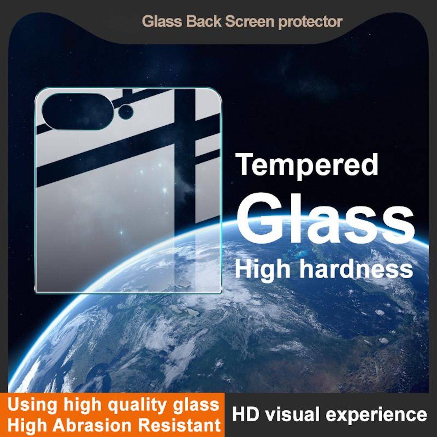 Werbung für eine gehärtete Glas-Displayschutzfolie für die Rückseite, mit einem Telefon-Rückglas und dem Text „Hohe Härte