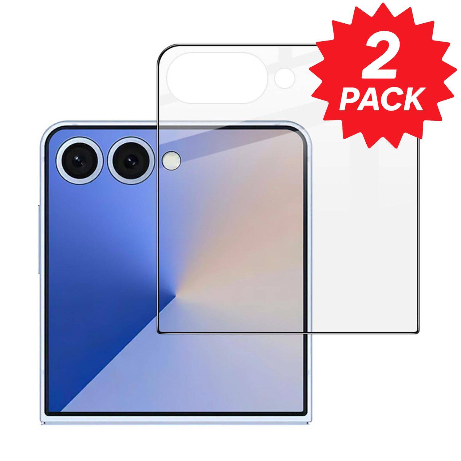 Zweier-Pack transparente Smartphone-Kameralinsenschützer für ein Dual-Objektiv-Smartphone, dargestellt über dem hinteren Kamerabereich, mit einem roten 