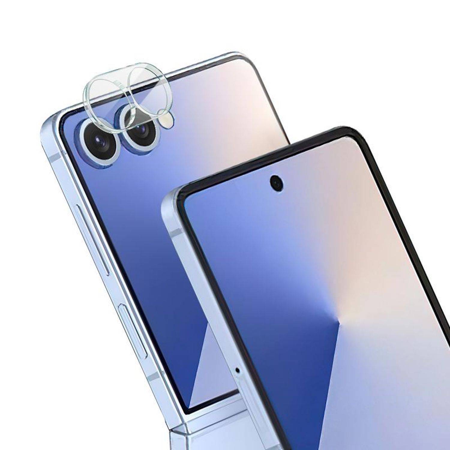 Zwei Smartphones in Schrägansicht gezeigt, eines aufgeklappt und eines frontal ausgerichtet, beide mit blauen Farbverlauf-Bildschirmen und einer dreifachen Kamera mit einem kreisförmigen Scharnier-Detail.